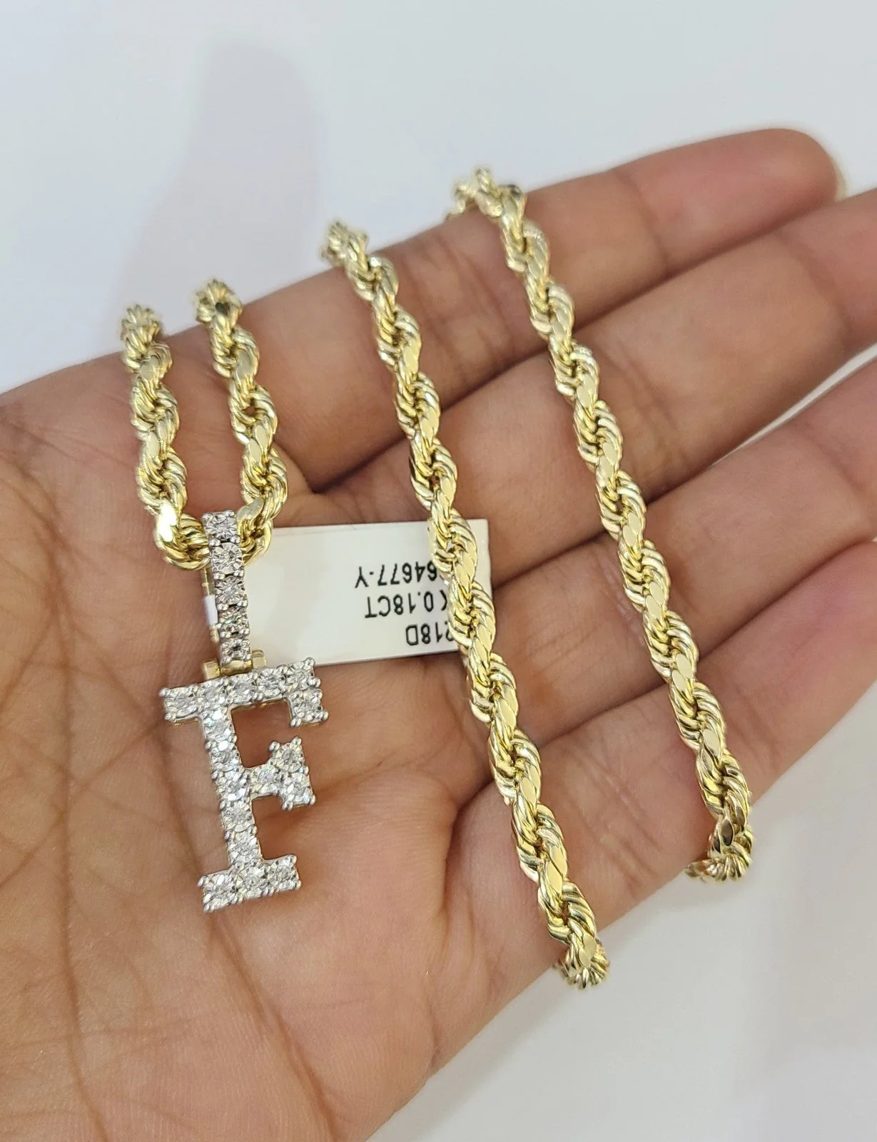 10k Rope Chain F Diamond Initial Charm Necklace Pendant Set 4mm 20"-30" Gold - Image 2