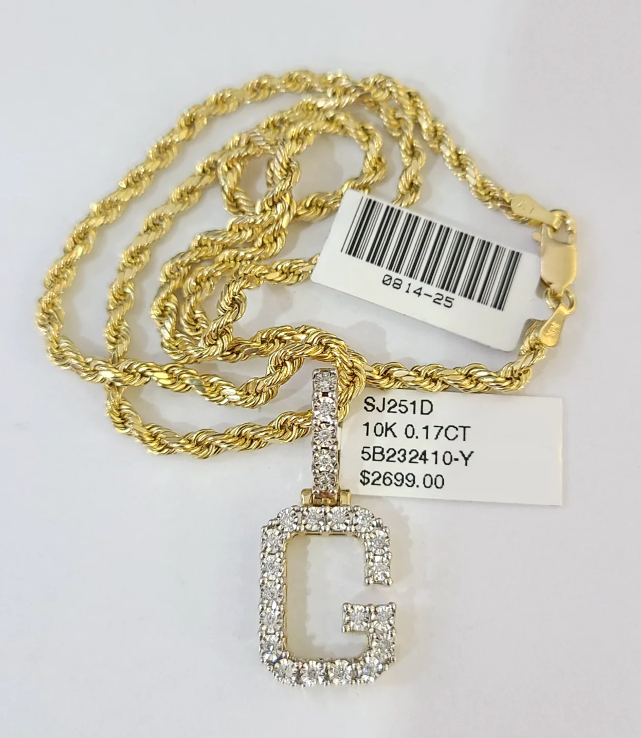 10k Rope Chain G Diamond Initial Charm Necklace Pendant Set 2mm 18"-24" Gold - Image 3