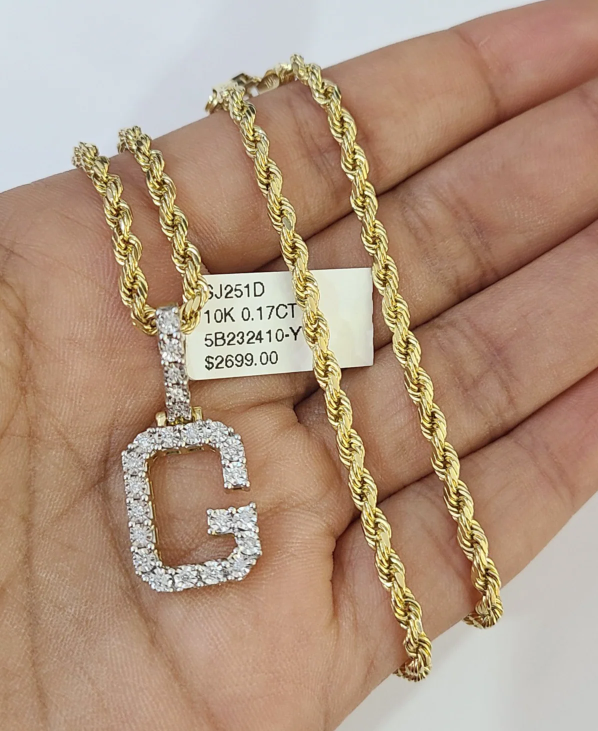 10k Rope Chain G Diamond Initial Charm Necklace Pendant Set 2mm 18"-24" Gold - Image 4
