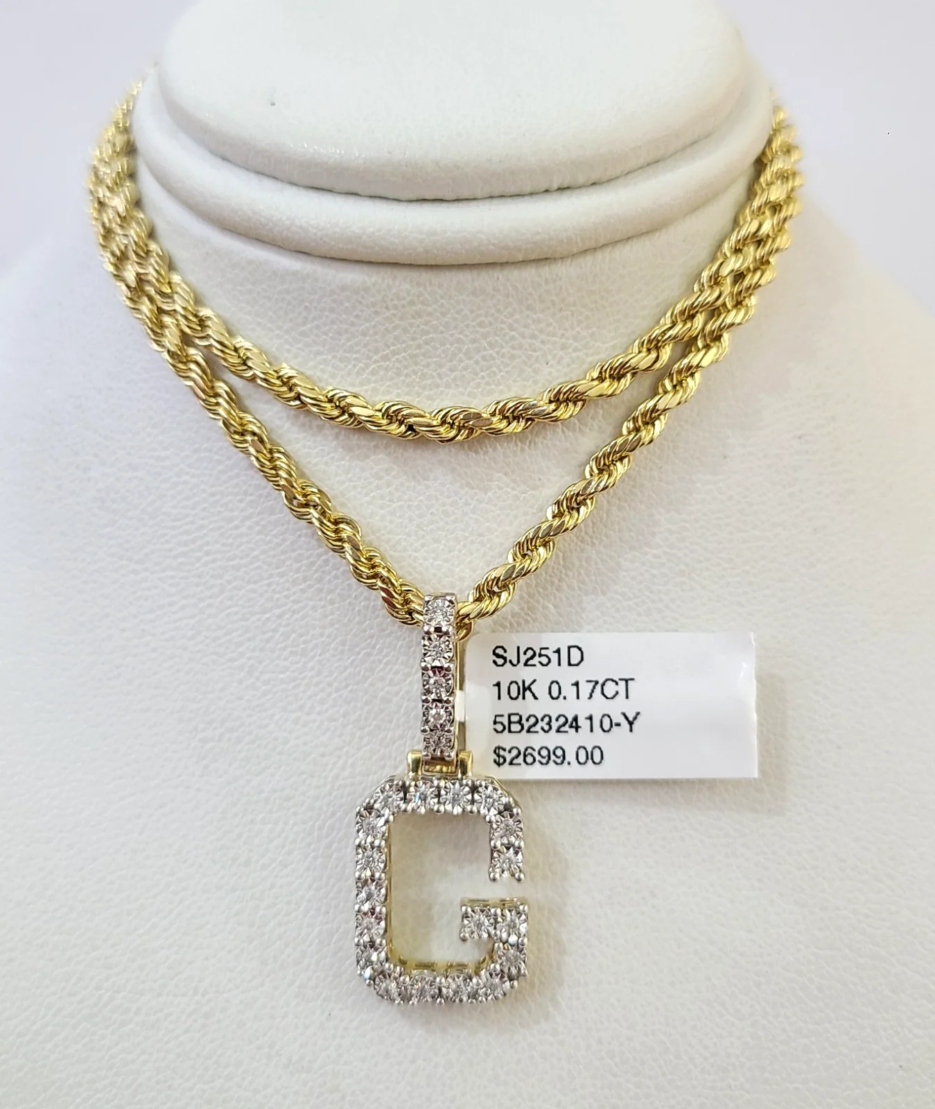 10k Rope Chain G Diamond Initial Charm Necklace Pendant Set 2mm 18"-24" Gold - Image 6