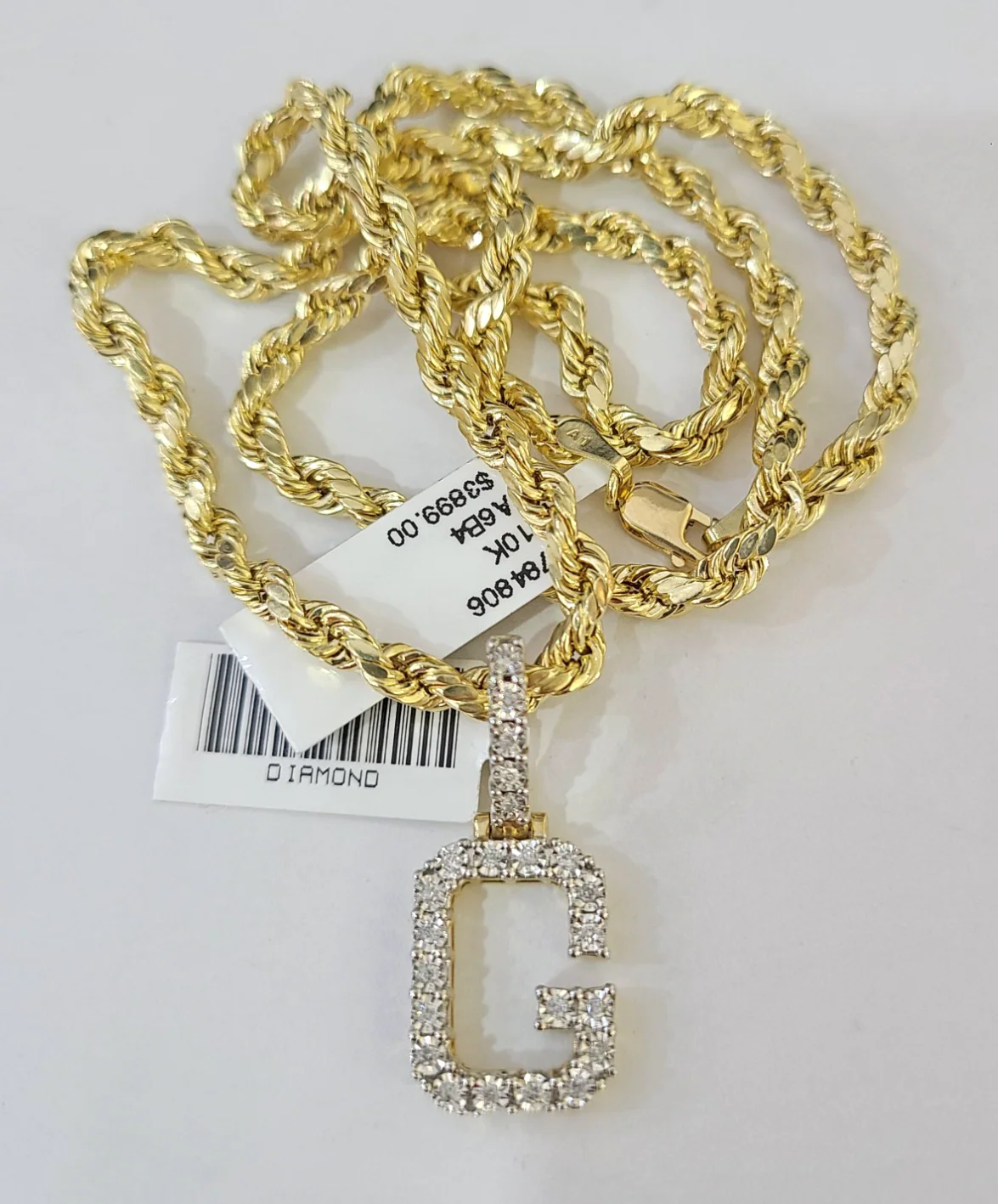 10k Rope Chain G Diamond Initial Charm Necklace Pendant Set 4mm 20"-30" Gold - Image 3