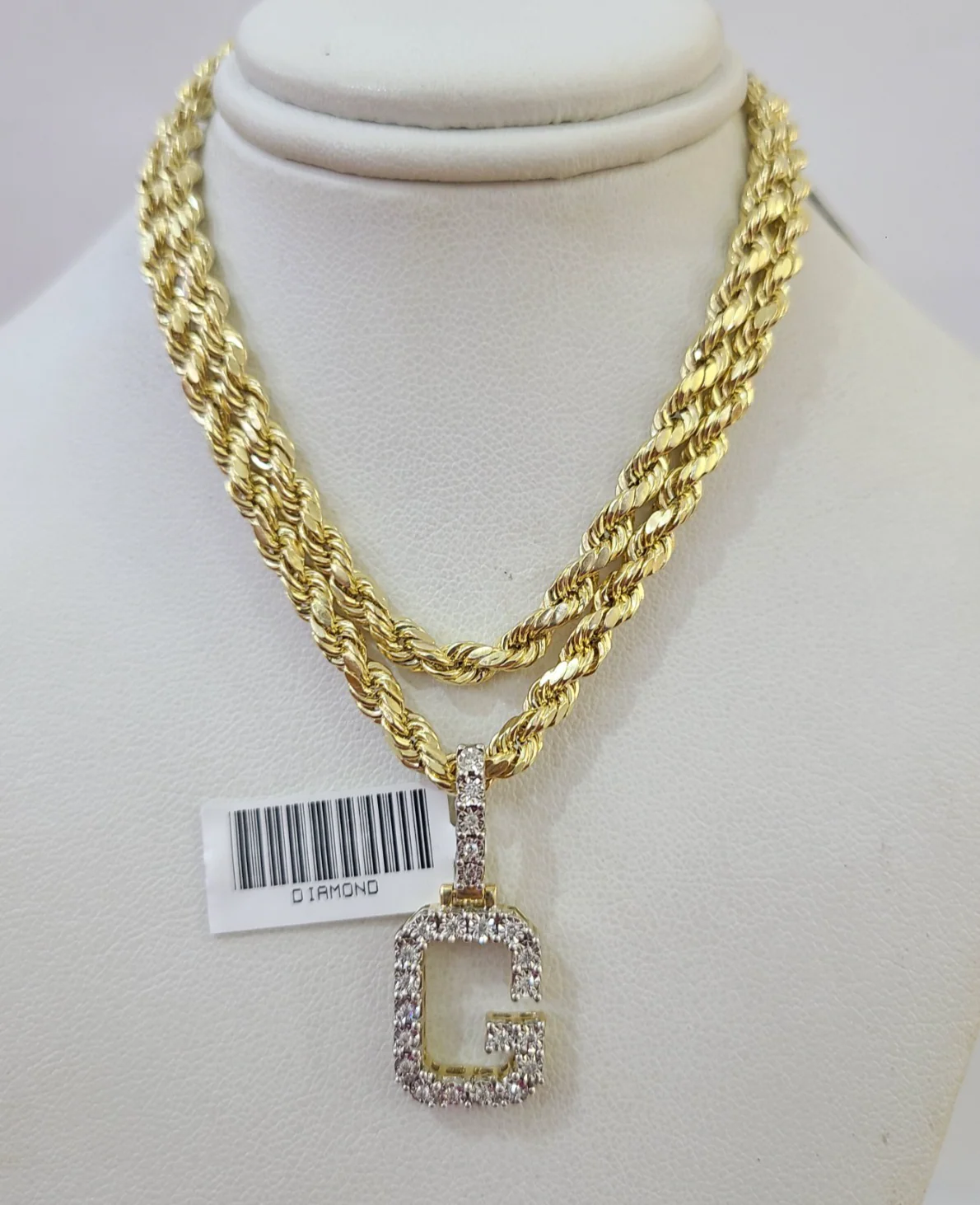 10k Rope Chain G Diamond Initial Charm Necklace Pendant Set 4mm 20"-30" Gold - Image 4