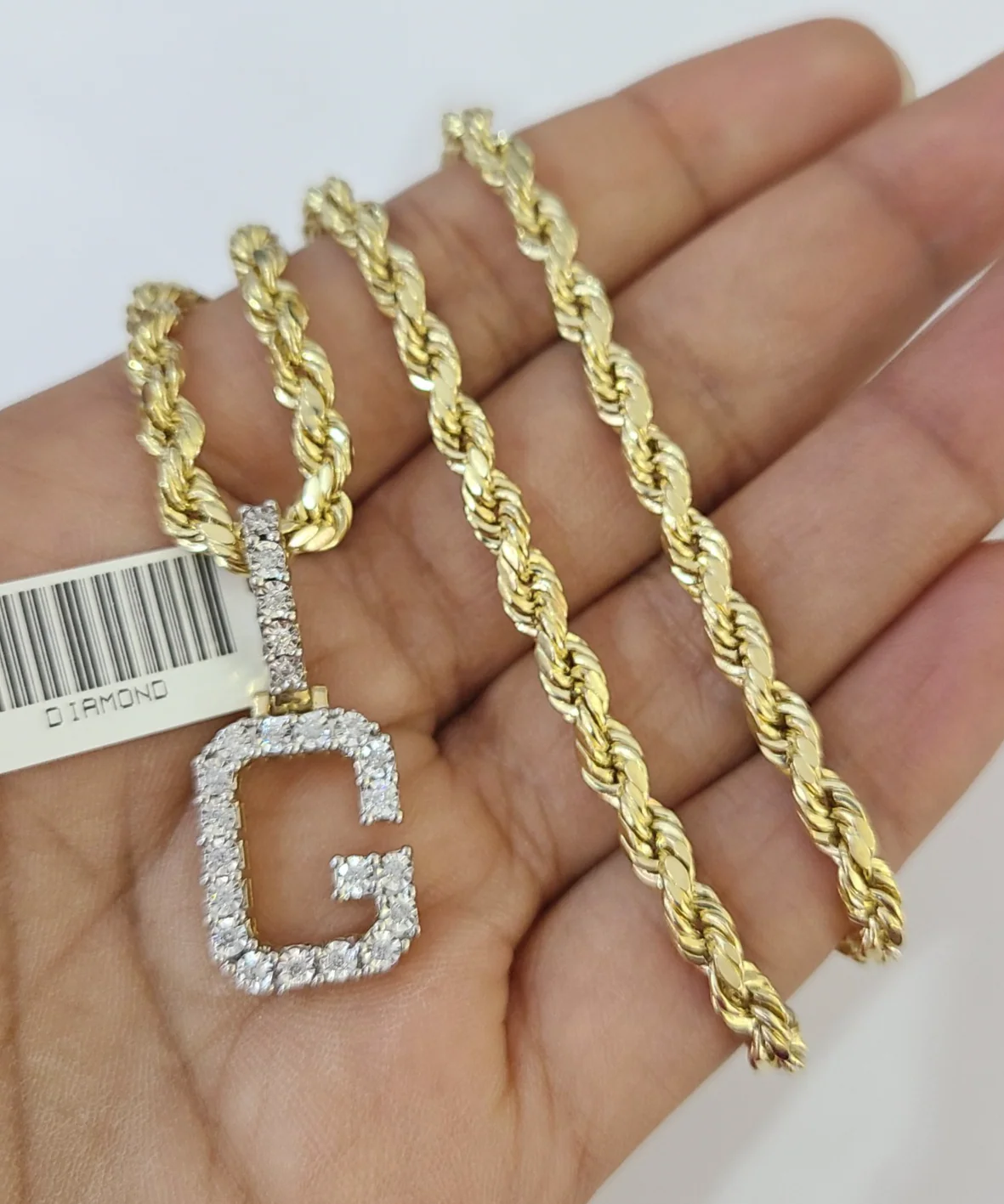 10k Rope Chain G Diamond Initial Charm Necklace Pendant Set 4mm 20"-30" Gold - Image 5