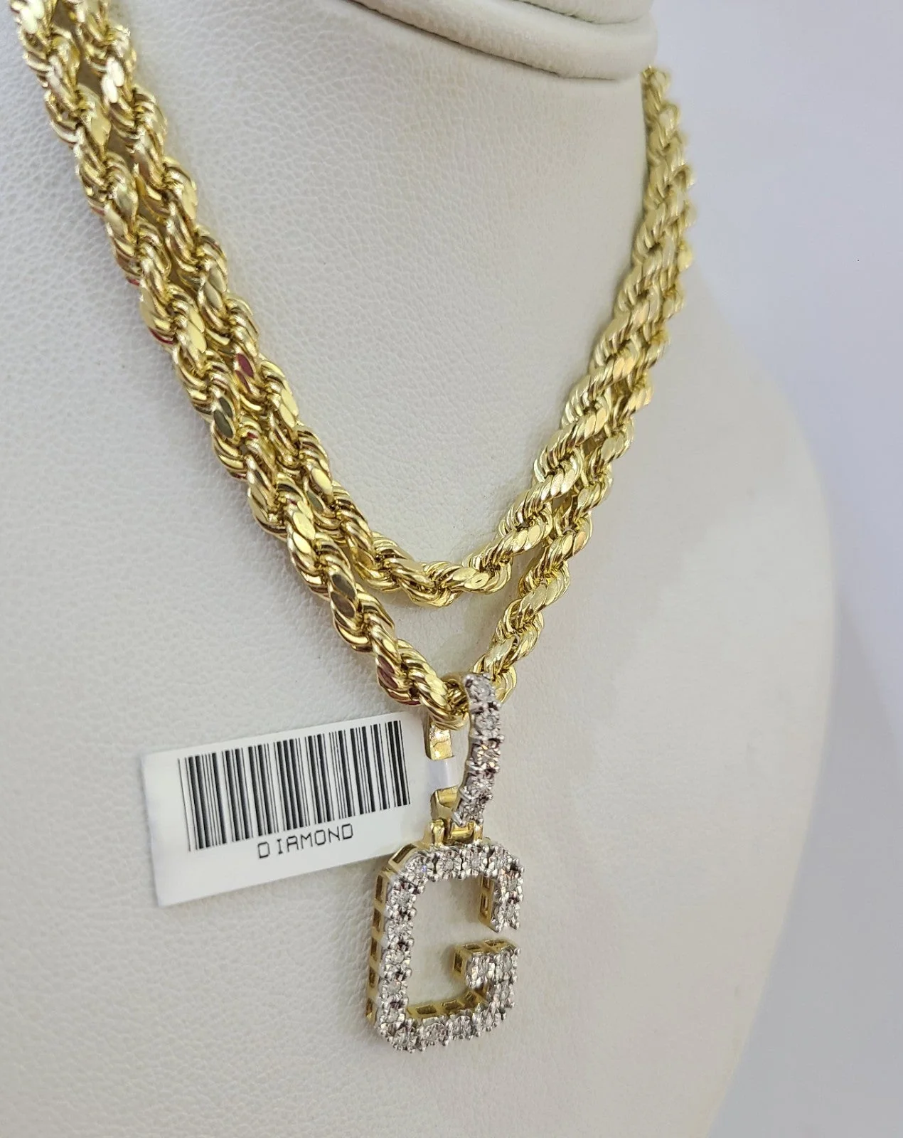 10k Rope Chain G Diamond Initial Charm Necklace Pendant Set 4mm 20"-30" Gold - Image 6
