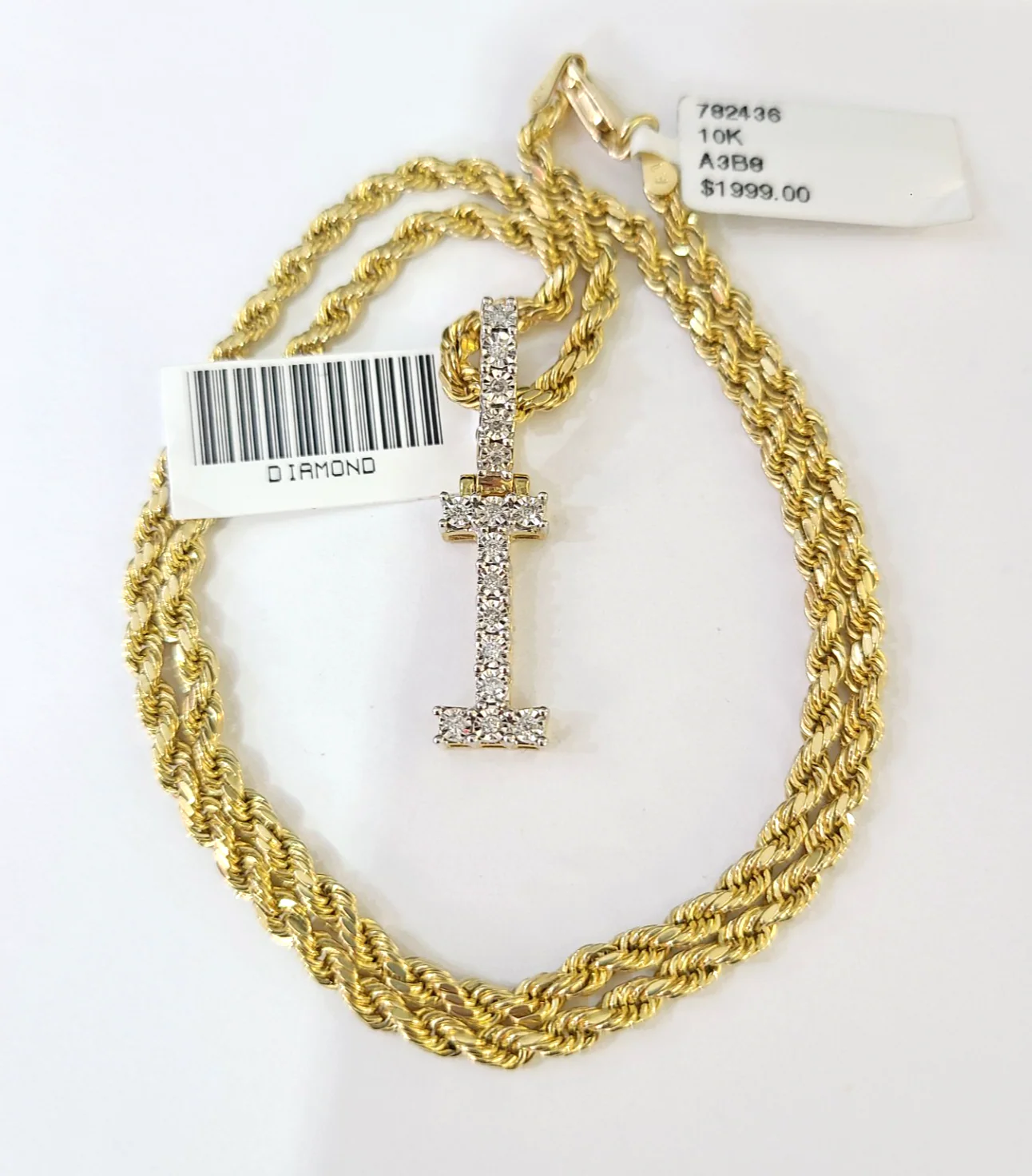 10k Rope Chain I Diamond Initial Charm Necklace Pendant Set 2mm 18"-24" Gold - Image 3