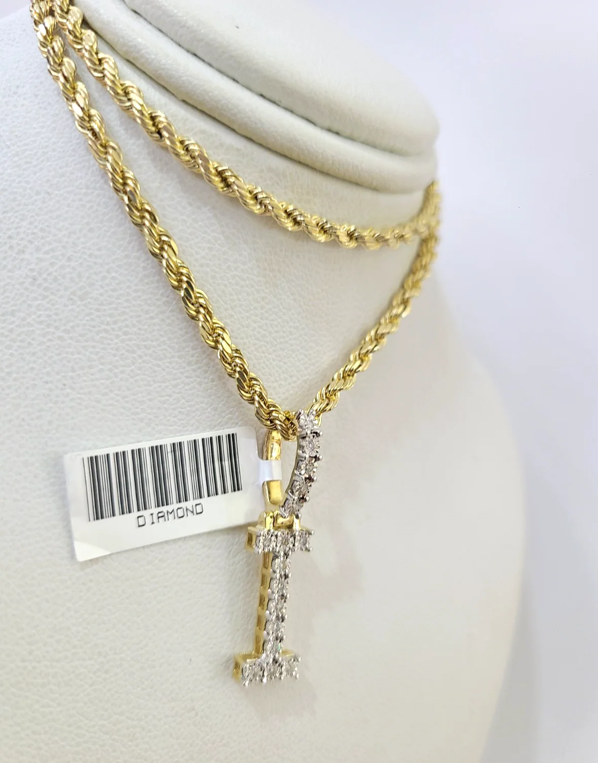 10k Rope Chain I Diamond Initial Charm Necklace Pendant Set 2mm 18"-24" Gold - Image 4