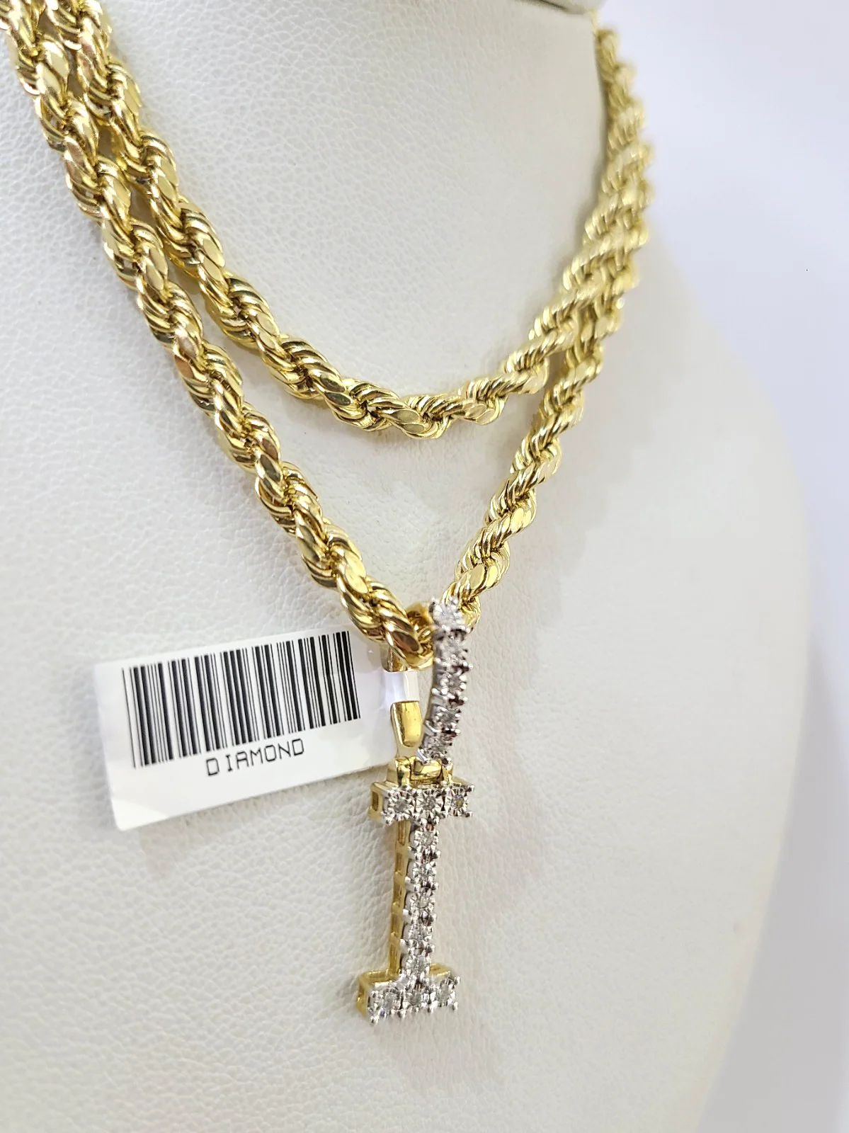 10k Rope Chain I Diamond Initial Charm Necklace Pendant Set 4mm 20"-30" Gold - Image 3