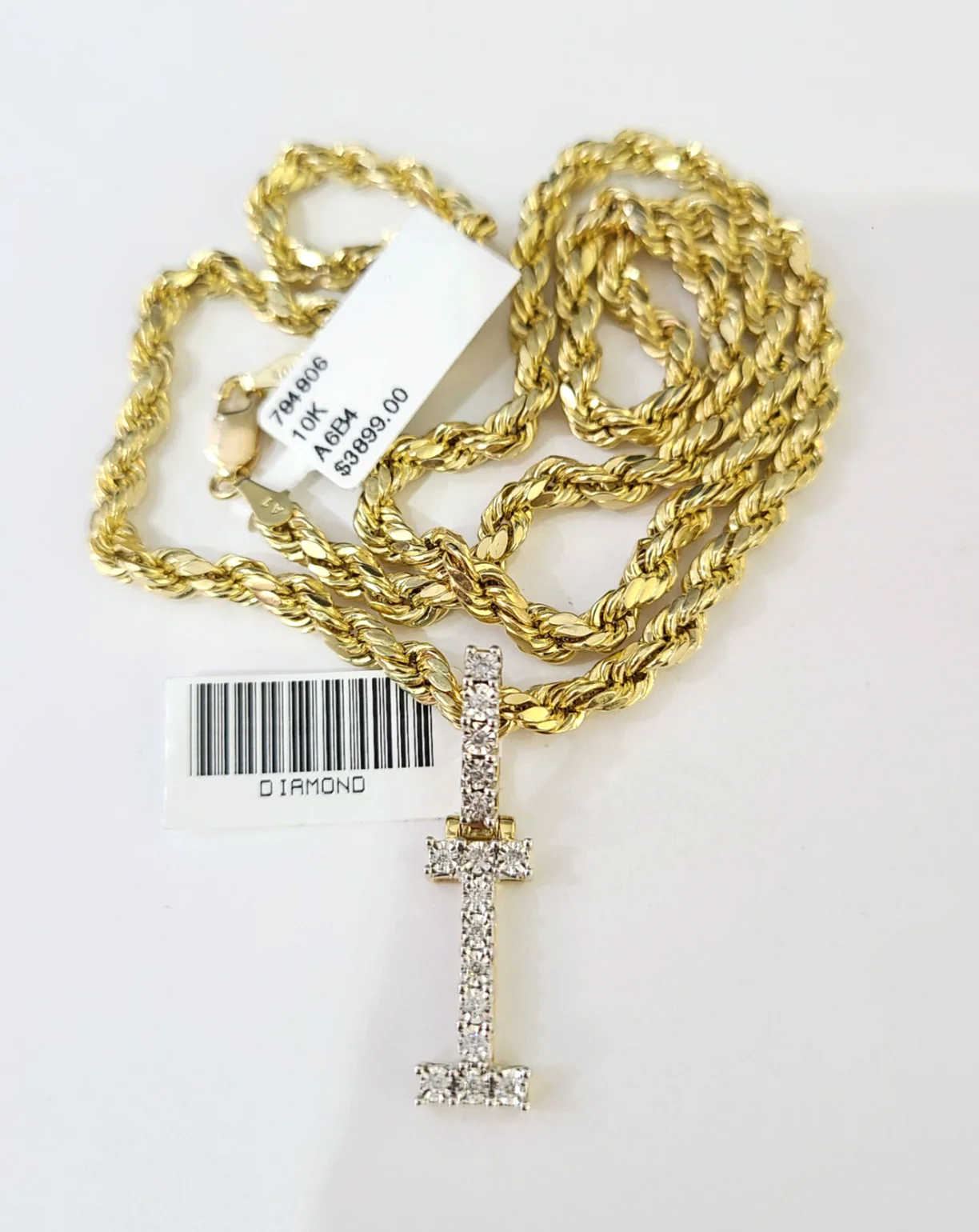 10k Rope Chain I Diamond Initial Charm Necklace Pendant Set 4mm 20"-30" Gold - Image 4
