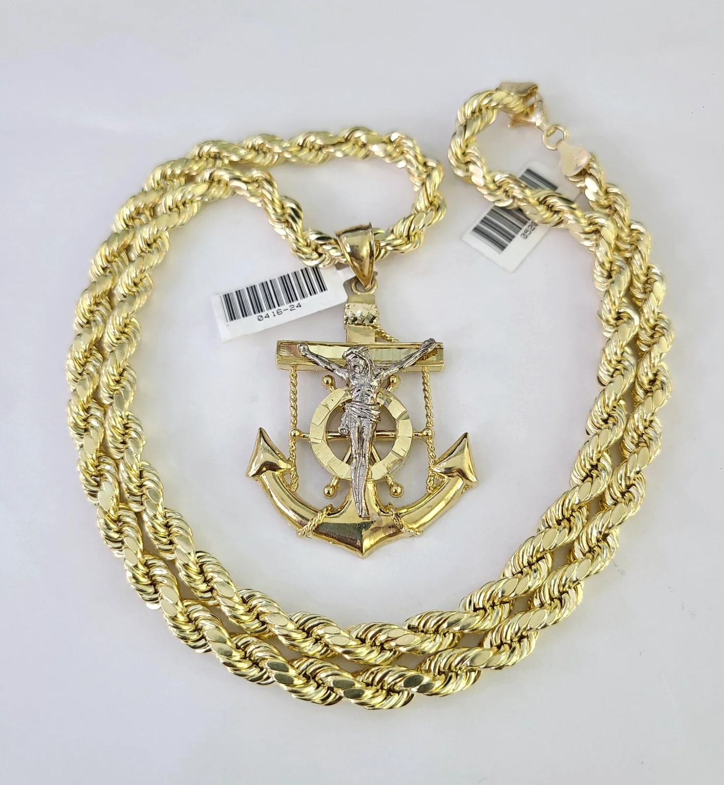 10k Rope Chain Jesus Anchor Charm Pendant Gold 18"-30'' Inch 7mm Necklace - Image 2