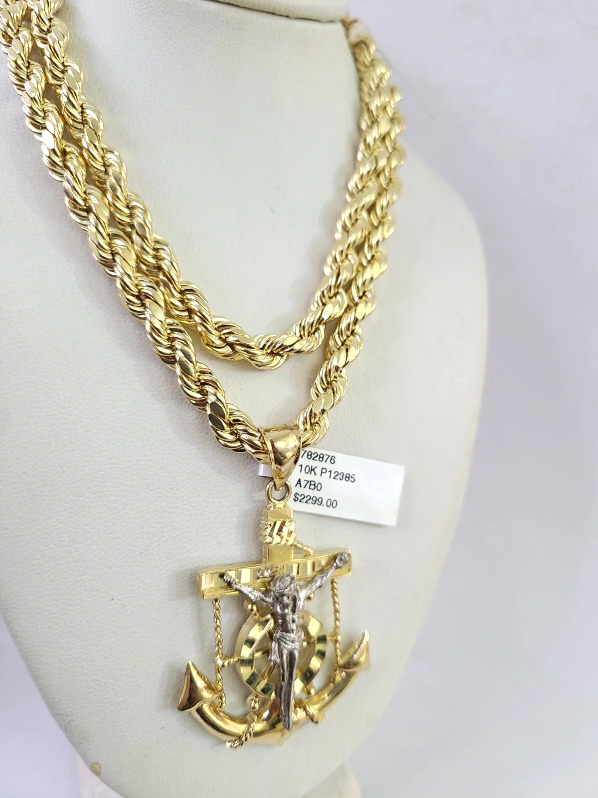10k Rope Chain Jesus Anchor Charm Pendant Gold 18"-30'' Inch 7mm Necklace - Image 5