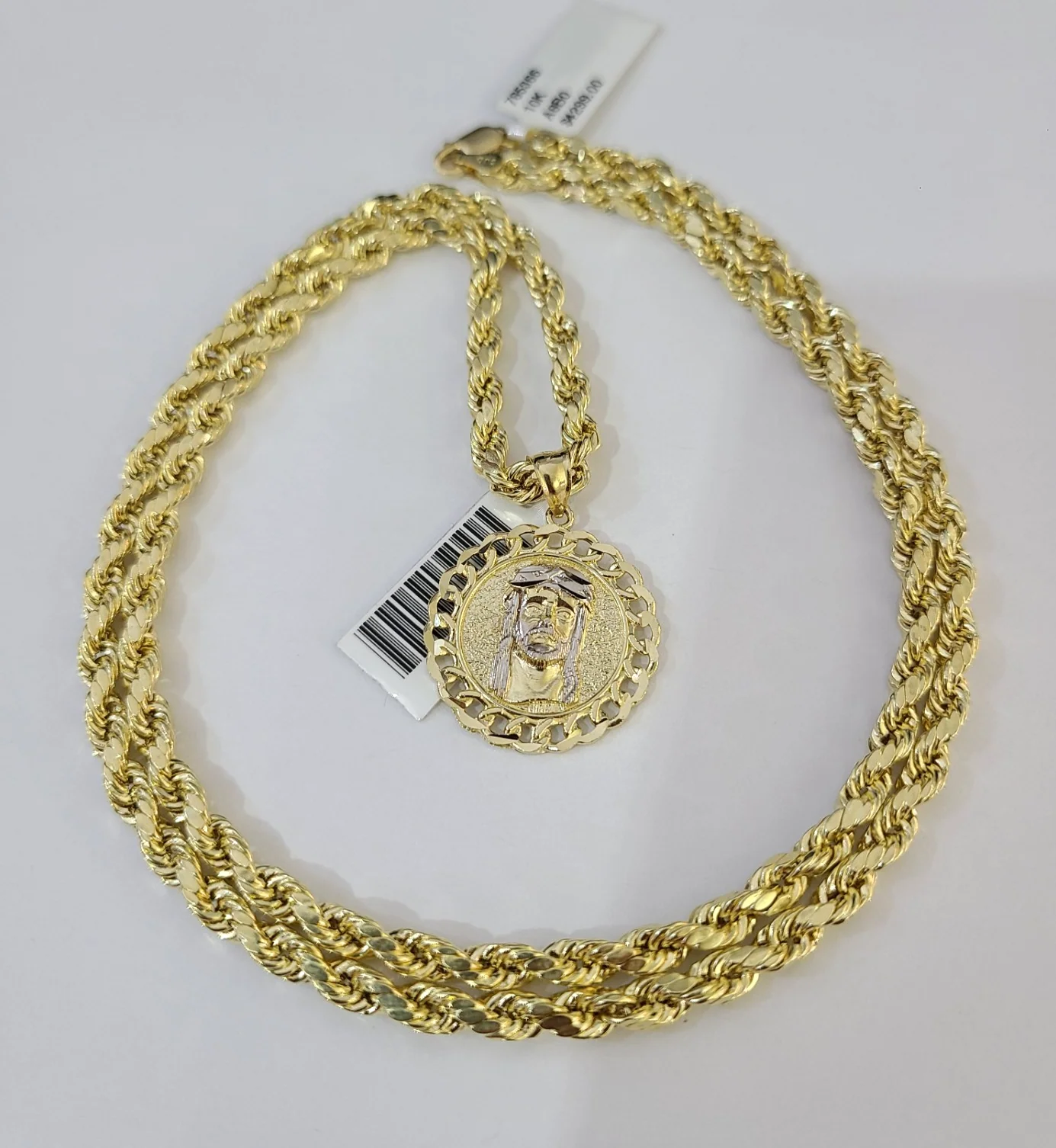 10k Rope Chain Jesus Head Charm Necklace SET 4mm 18"-28" Pendant - Image 2