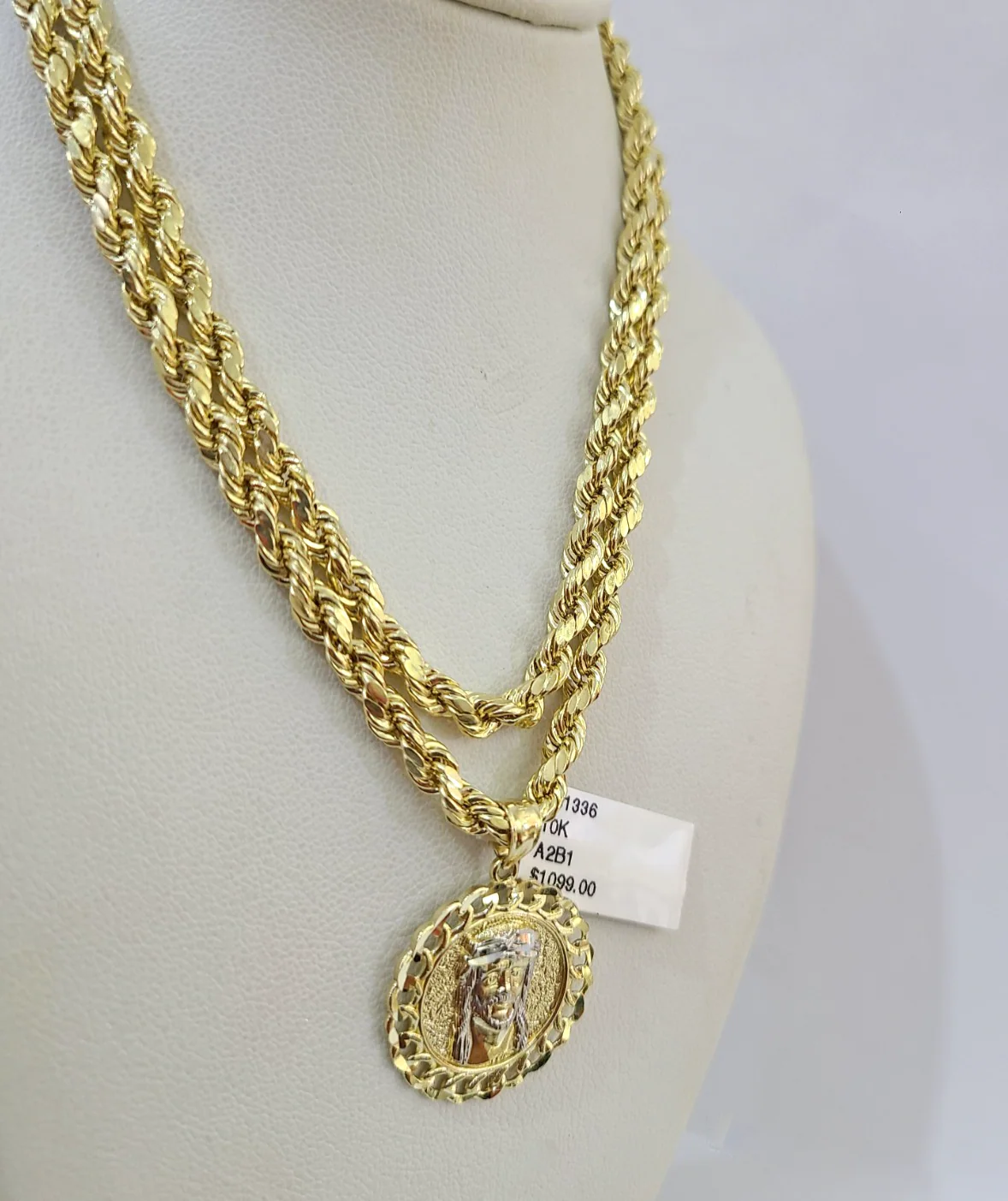 10k Rope Chain Jesus Head Charm Necklace SET 4mm 18"-28" Pendant - Image 5