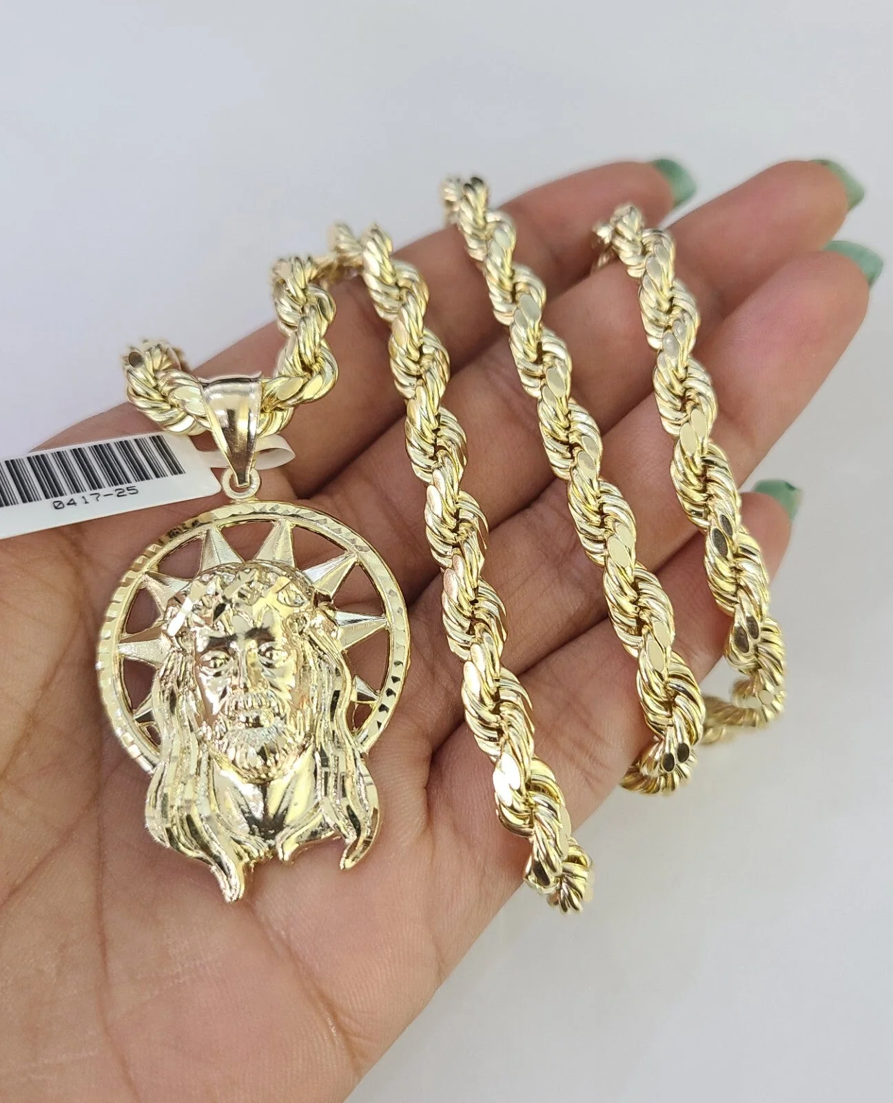 10k Rope Chain Jesus Head Charm Pendant Gold 18"-30'' Inch 7mm Necklace