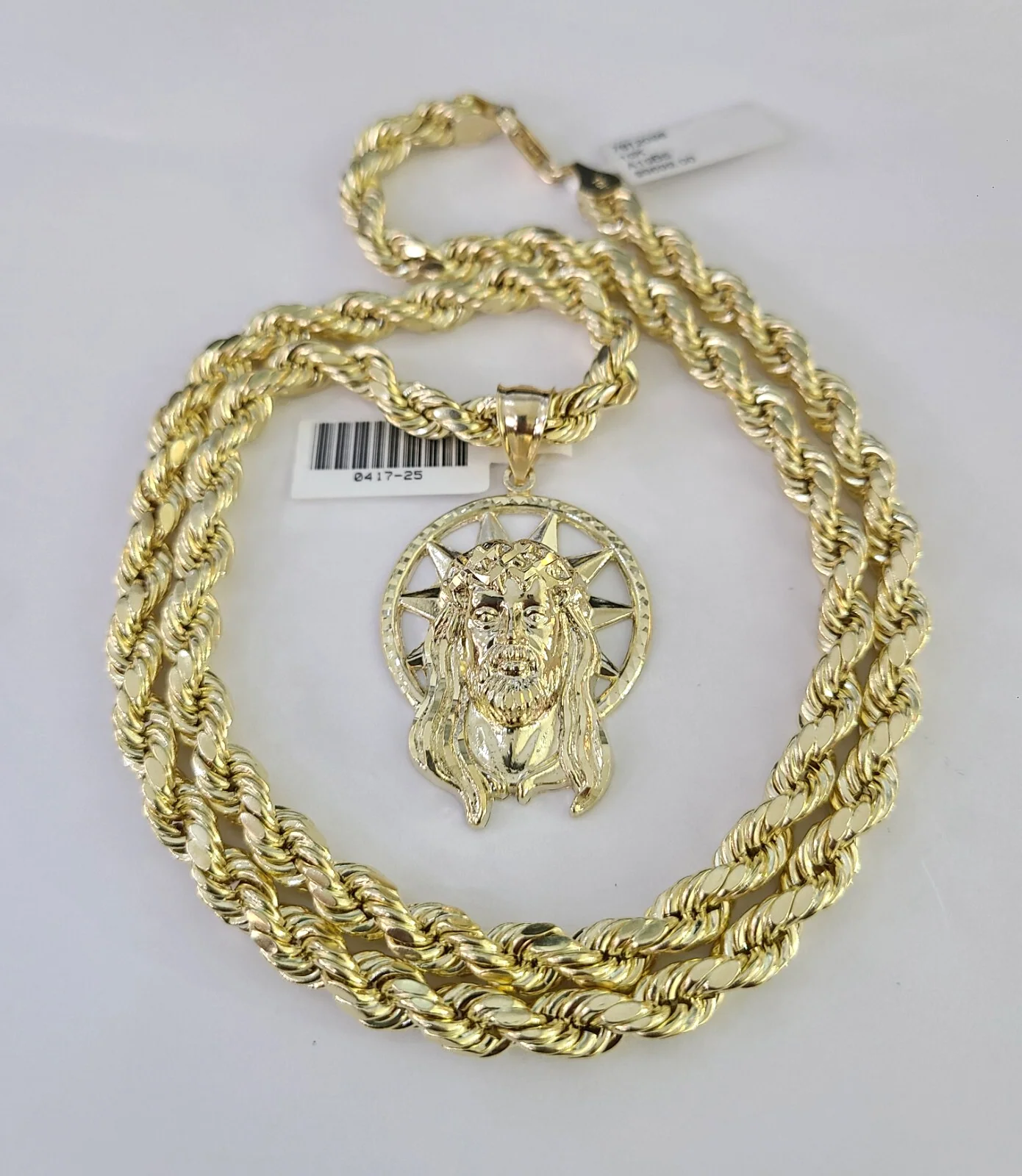 10k Rope Chain Jesus Head Charm Pendant Gold 18"-30'' Inch 7mm Necklace - Image 2
