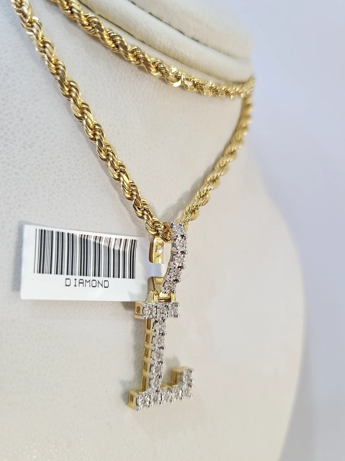 10k Rope Chain L Diamond Initial Charm Necklace Pendant Set 2mm 18"-24" Gold - Image 3