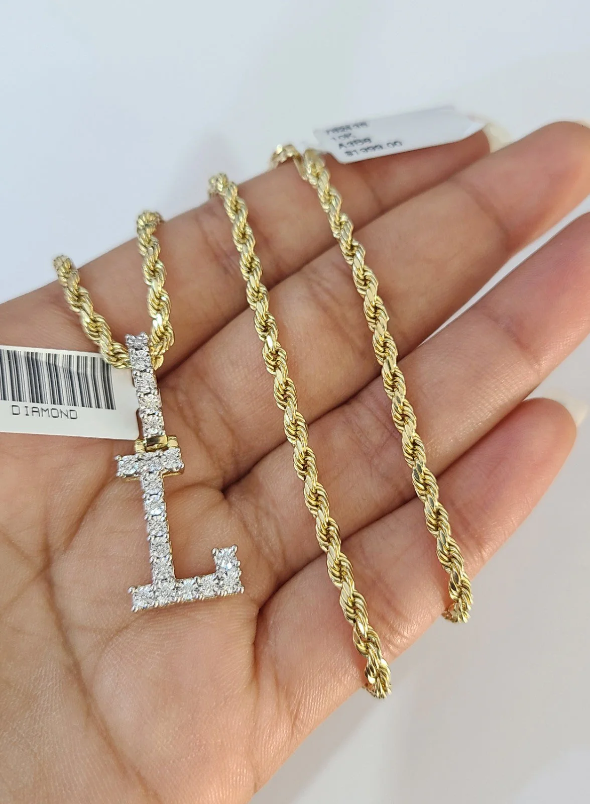 10k Rope Chain L Diamond Initial Charm Necklace Pendant Set 2mm 18"-24" Gold - Image 4
