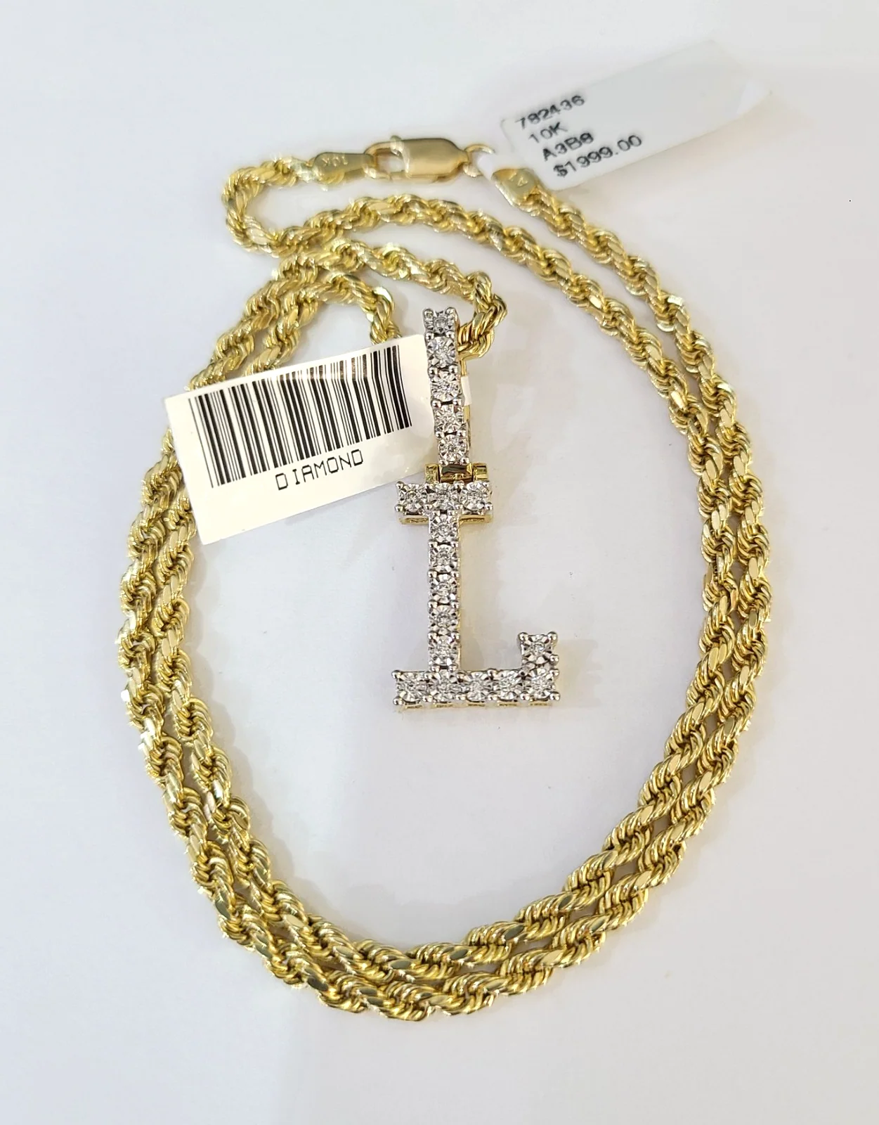 10k Rope Chain L Diamond Initial Charm Necklace Pendant Set 2mm 18"-24" Gold - Image 5