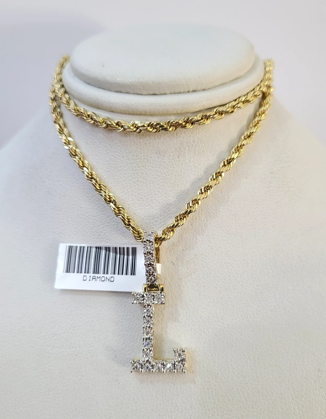 10k Rope Chain L Diamond Initial Charm Necklace Pendant Set 2mm 18"-24" Gold - Image 6