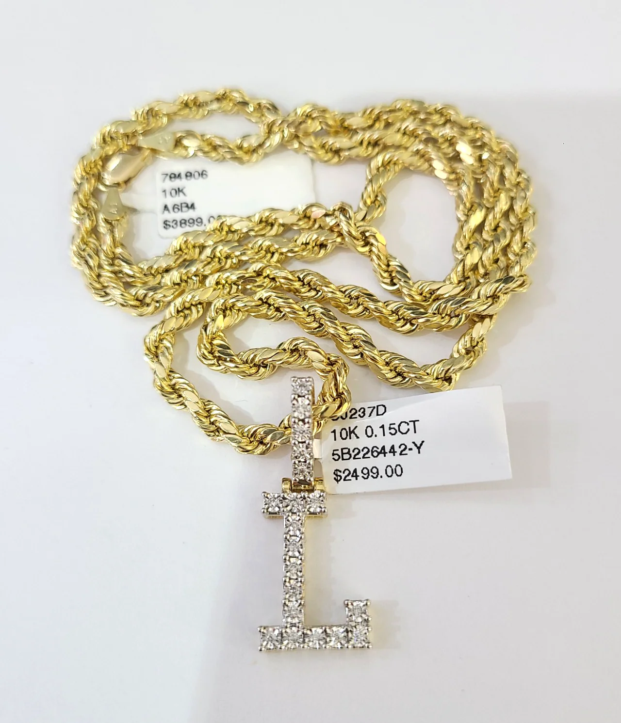 10k Rope Chain L Diamond Initial Charm Necklace Pendant Set 4mm 20"-30" Gold - Image 3