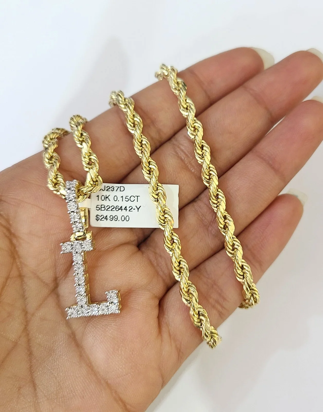 10k Rope Chain L Diamond Initial Charm Necklace Pendant Set 4mm 20"-30" Gold - Image 4