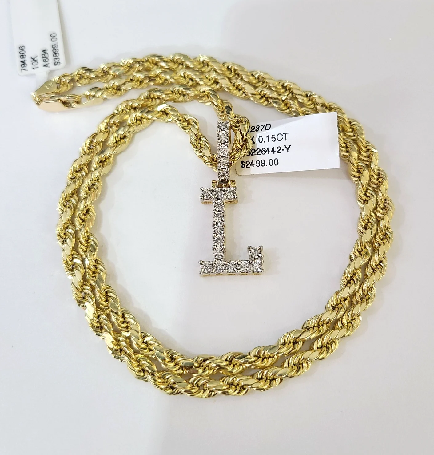 10k Rope Chain L Diamond Initial Charm Necklace Pendant Set 4mm 20"-30" Gold - Image 5