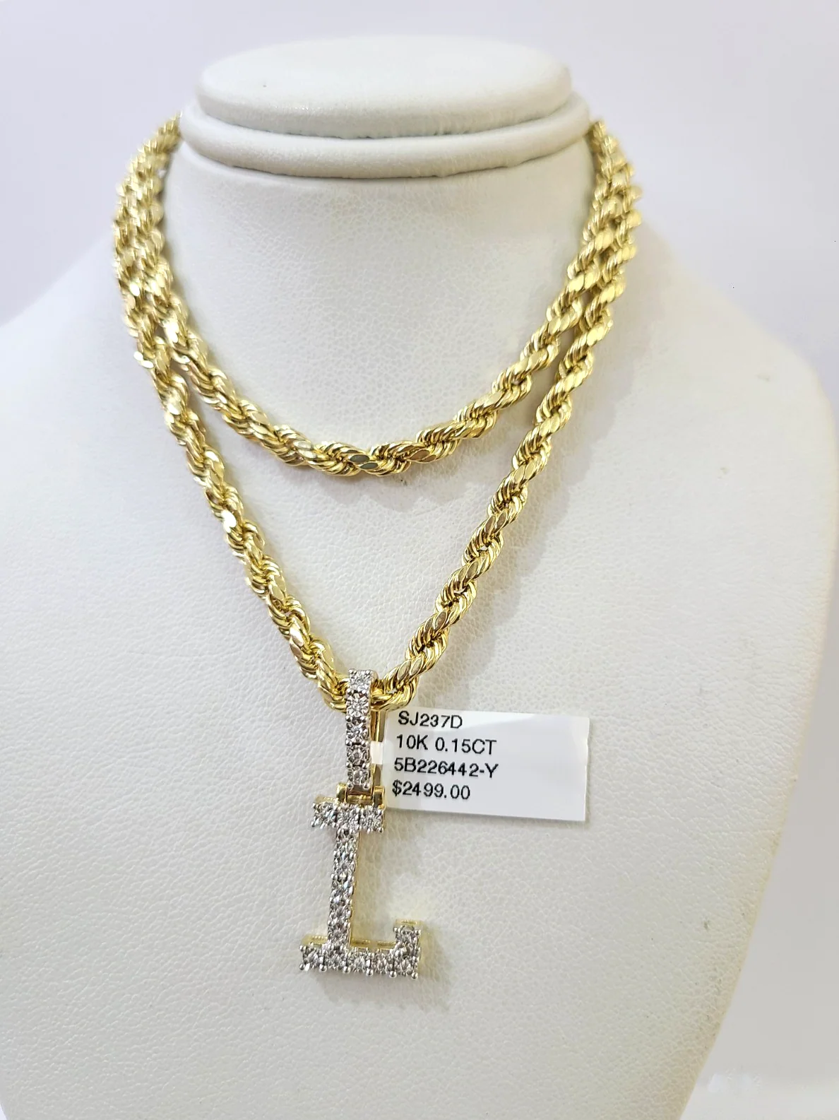 10k Rope Chain L Diamond Initial Charm Necklace Pendant Set 4mm 20"-30" Gold - Image 6