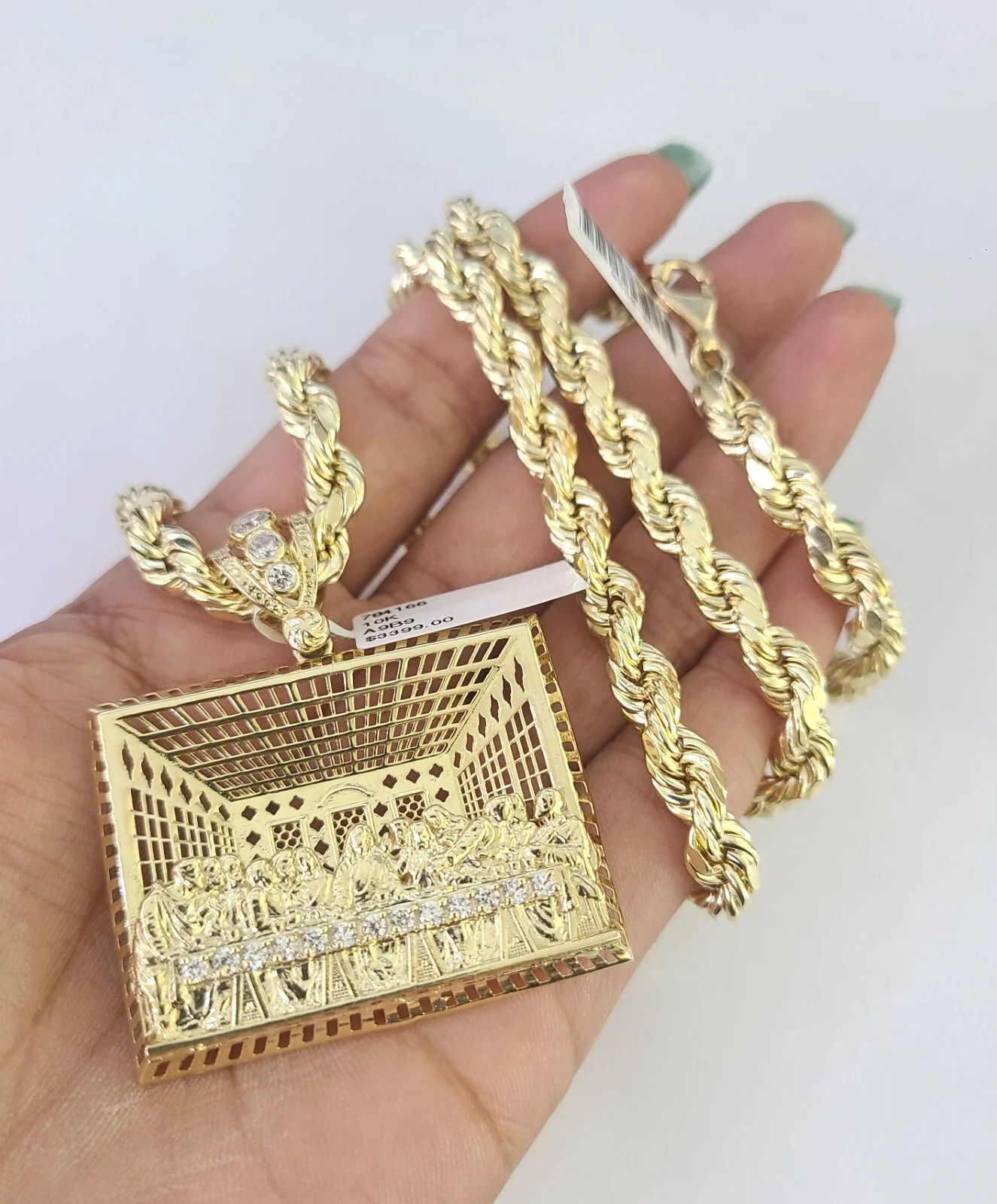 10k Rope Chain Last Supper Charm Pendant Yellow Gold 18"-30'' Inch 7mm Necklace - Image 6