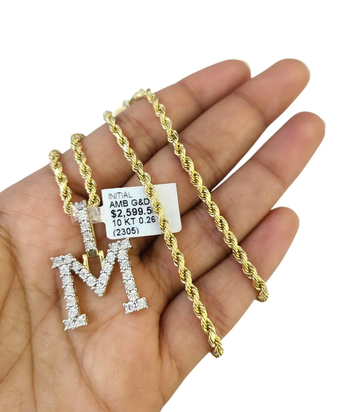 10k Rope Chain M Diamond Initial Charm Necklace Pendant Set 2mm 18"-24" Gold - Image 2