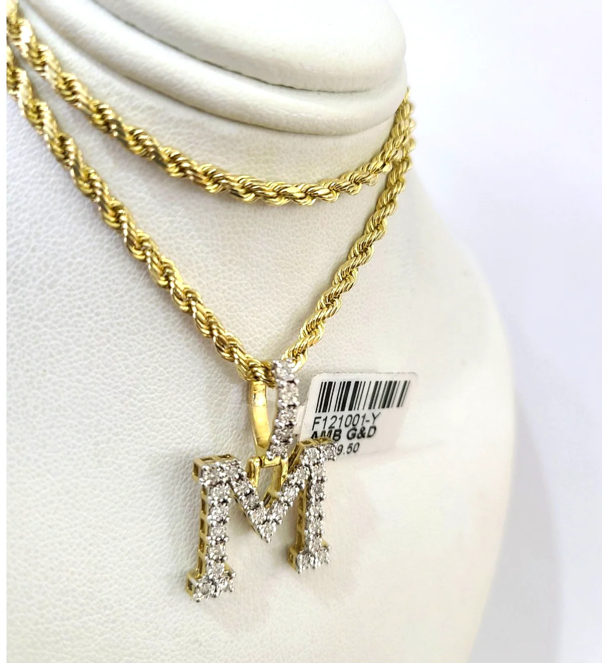 10k Rope Chain M Diamond Initial Charm Necklace Pendant Set 2mm 18"-24" Gold - Image 3