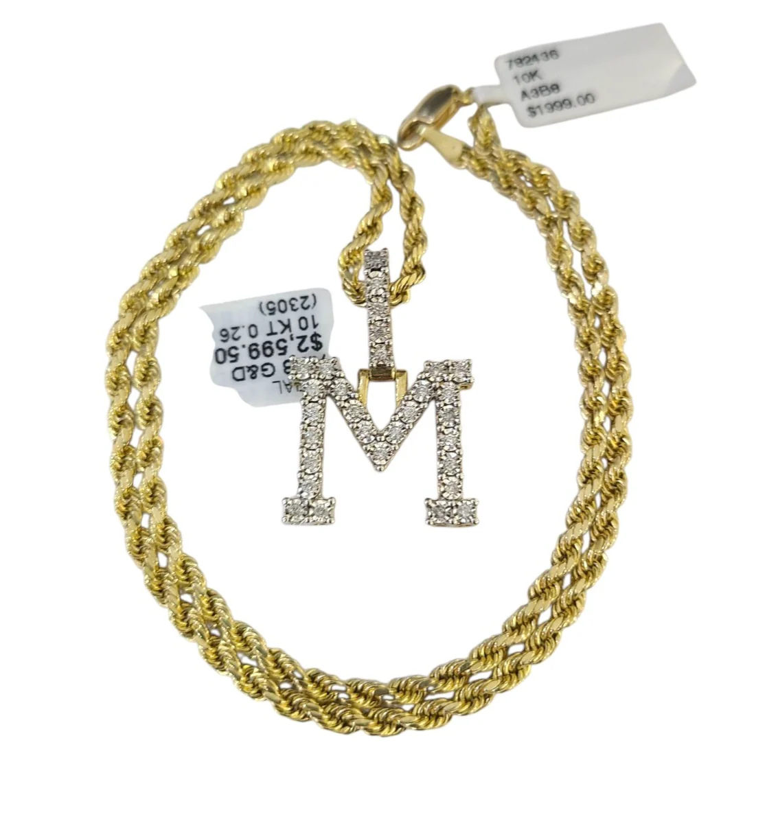 10k Rope Chain M Diamond Initial Charm Necklace Pendant Set 2mm 18"-24" Gold - Image 5