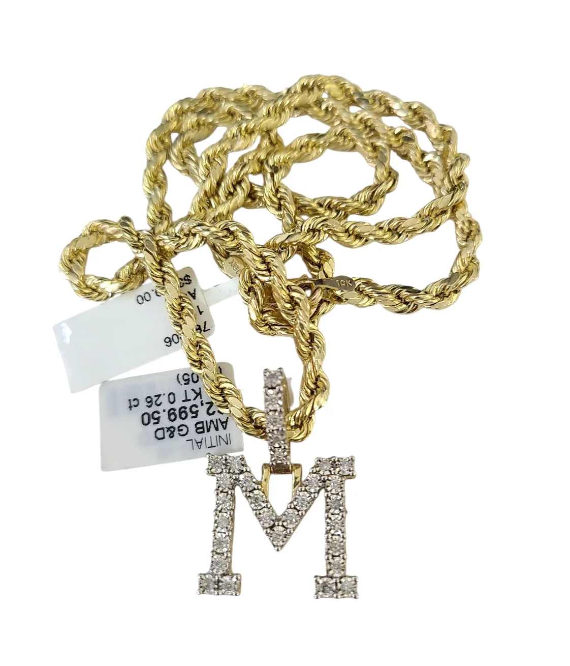 10k Rope Chain M Diamond Initial Charm Necklace Pendant Set 4mm 20"-30" Gold - Image 2
