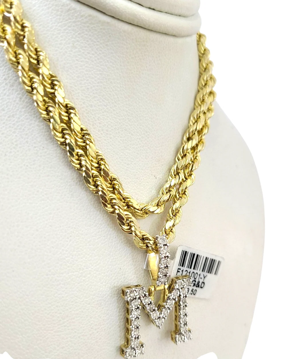 10k Rope Chain M Diamond Initial Charm Necklace Pendant Set 4mm 20"-30" Gold - Image 3