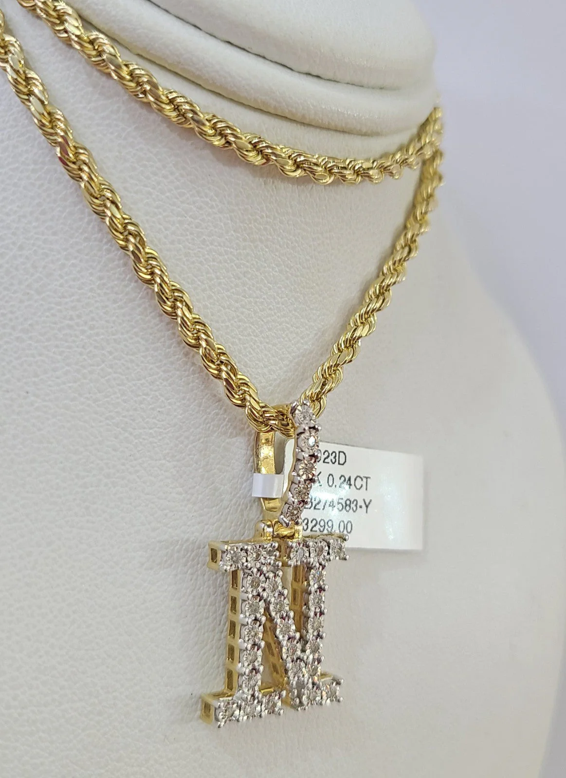10k Rope Chain N Diamond Initial Charm Necklace Pendant Set 2mm 18"-24" Gold - Image 2
