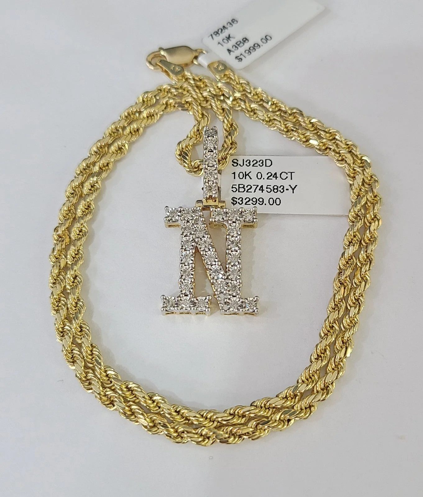10k Rope Chain N Diamond Initial Charm Necklace Pendant Set 2mm 18"-24" Gold - Image 5
