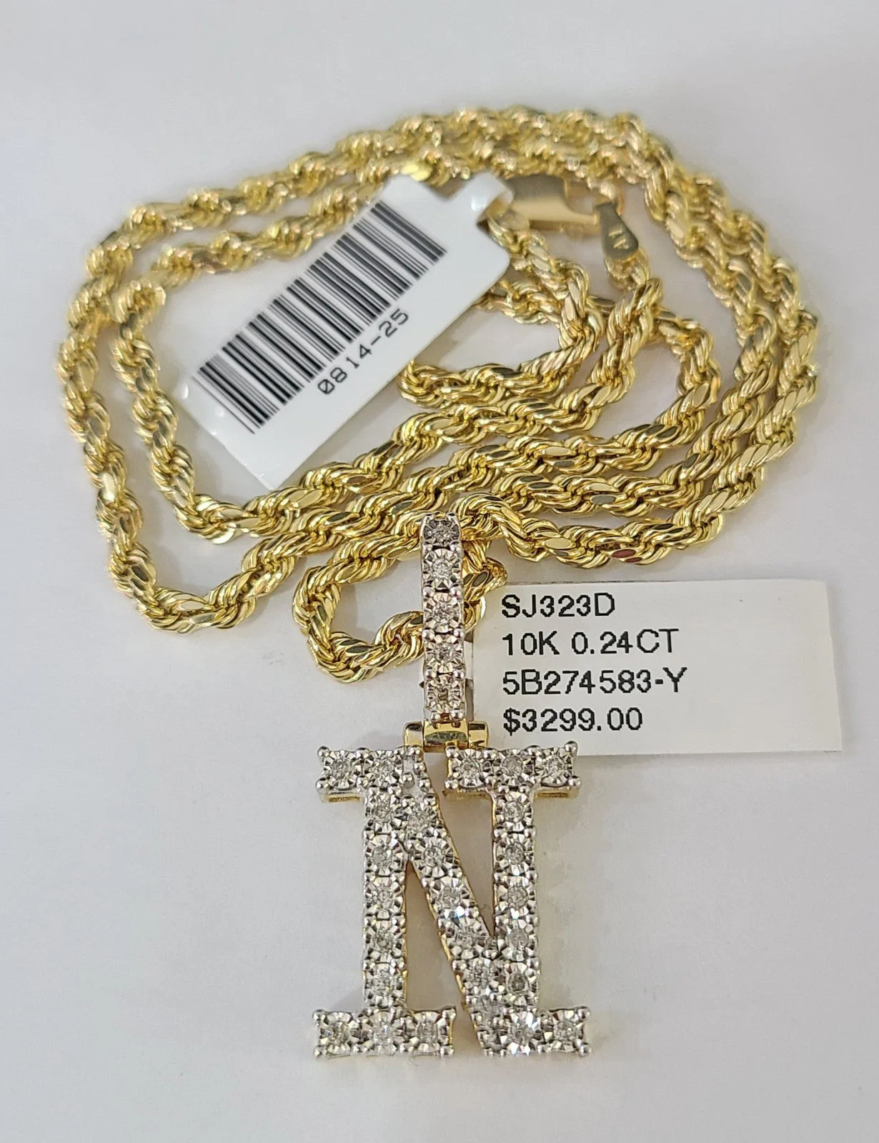 10k Rope Chain N Diamond Initial Charm Necklace Pendant Set 2mm 18"-24" Gold - Image 6