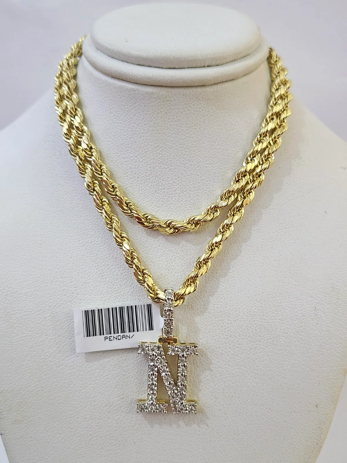10k Rope Chain N Diamond Initial Charm Necklace Pendant Set 4mm 20"-30" Gold - Image 3