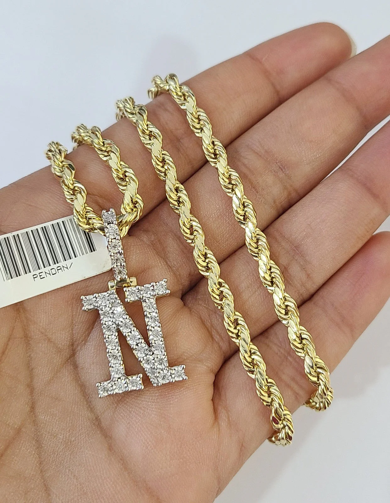 10k Rope Chain N Diamond Initial Charm Necklace Pendant Set 4mm 20"-30" Gold - Image 4