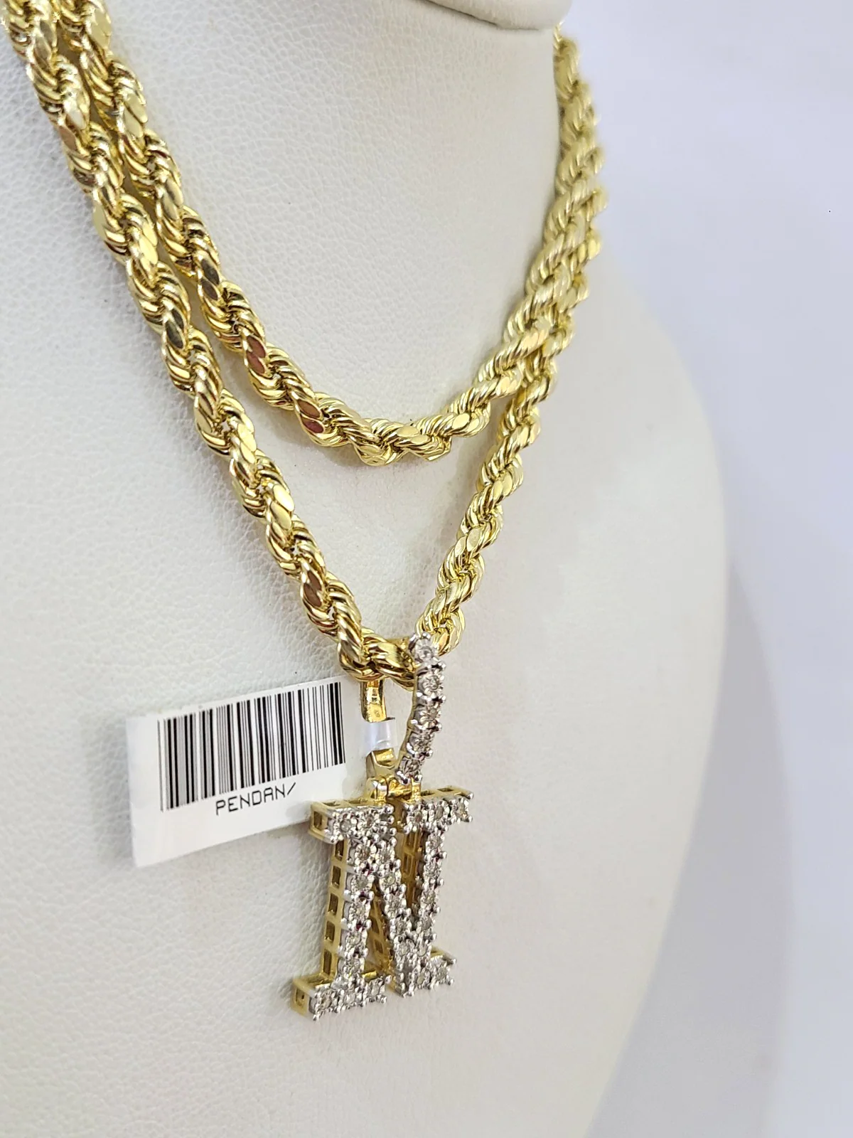10k Rope Chain N Diamond Initial Charm Necklace Pendant Set 4mm 20"-30" Gold - Image 5