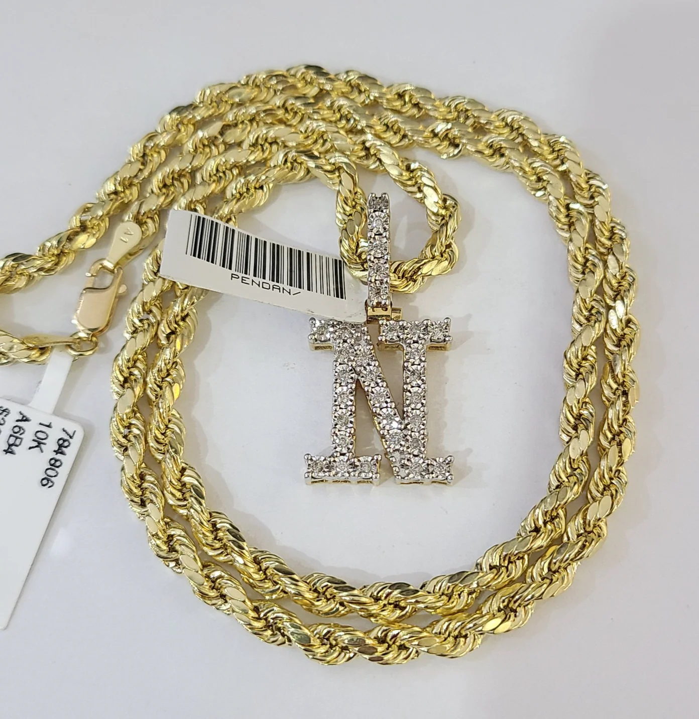 10k Rope Chain N Diamond Initial Charm Necklace Pendant Set 4mm 20"-30" Gold - Image 6