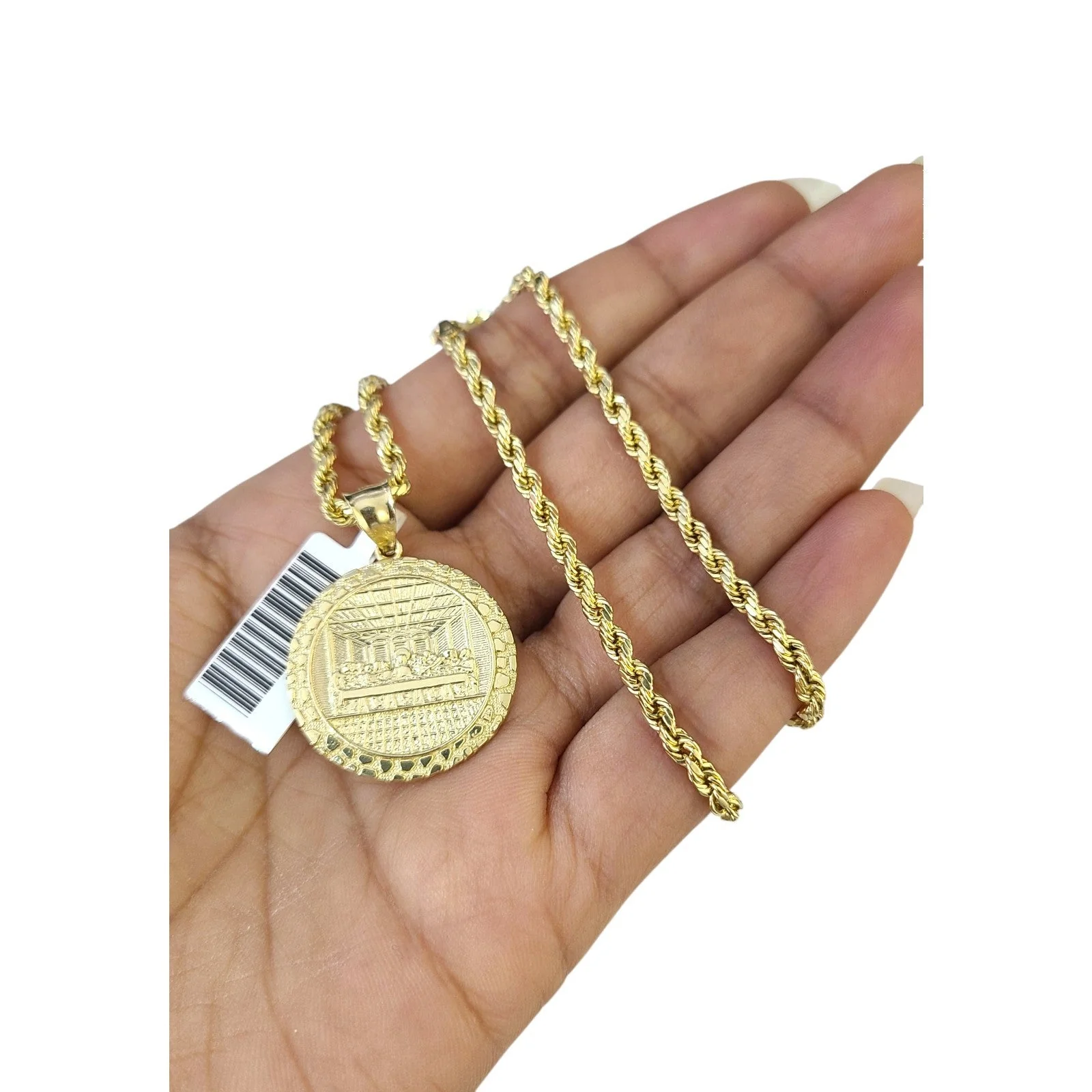 10k Rope Chain Nugget Last Supper Charm Necklace Pendant Set 2mm 18"-24" Gold - Image 2