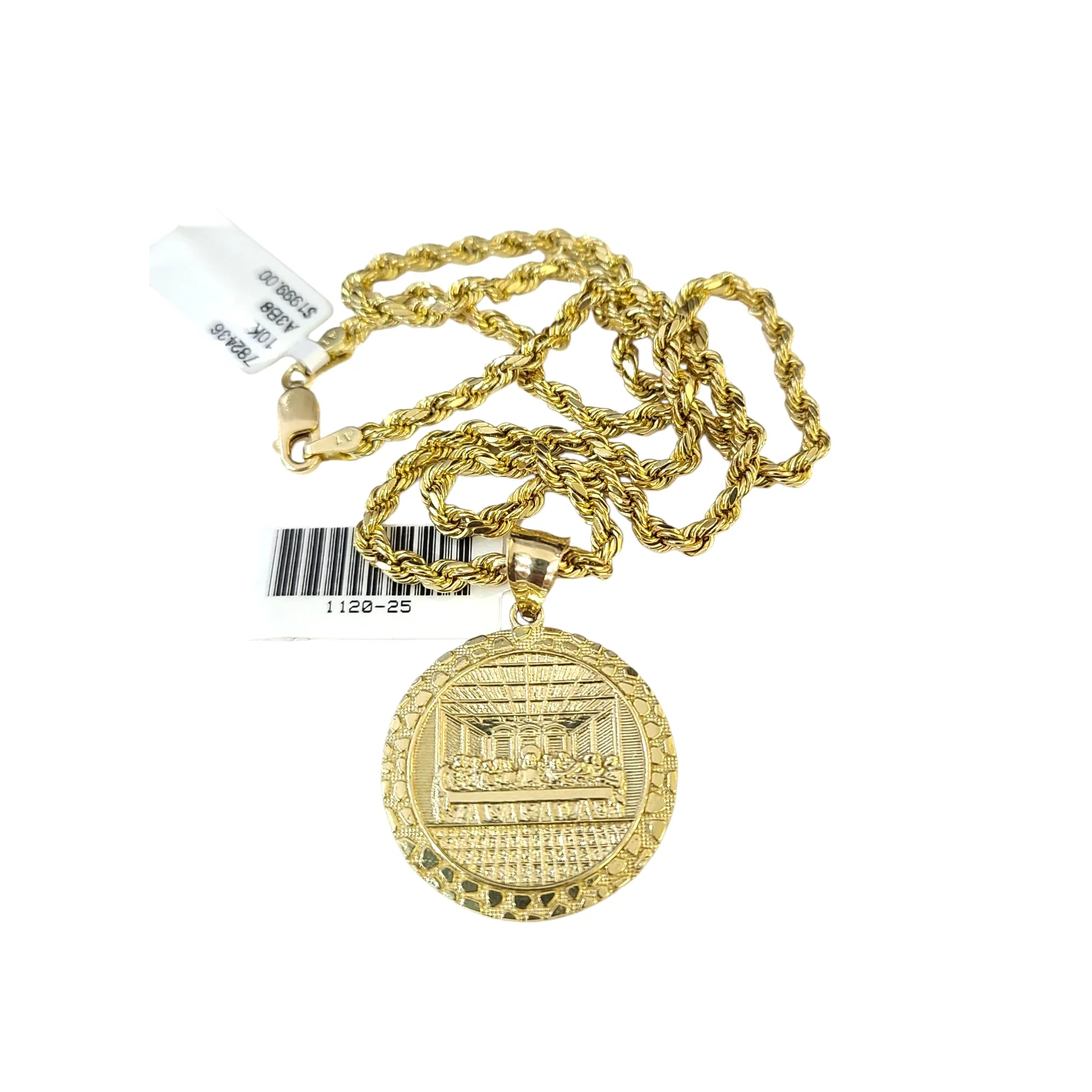 10k Rope Chain Nugget Last Supper Charm Necklace Pendant Set 2mm 18"-24" Gold - Image 3