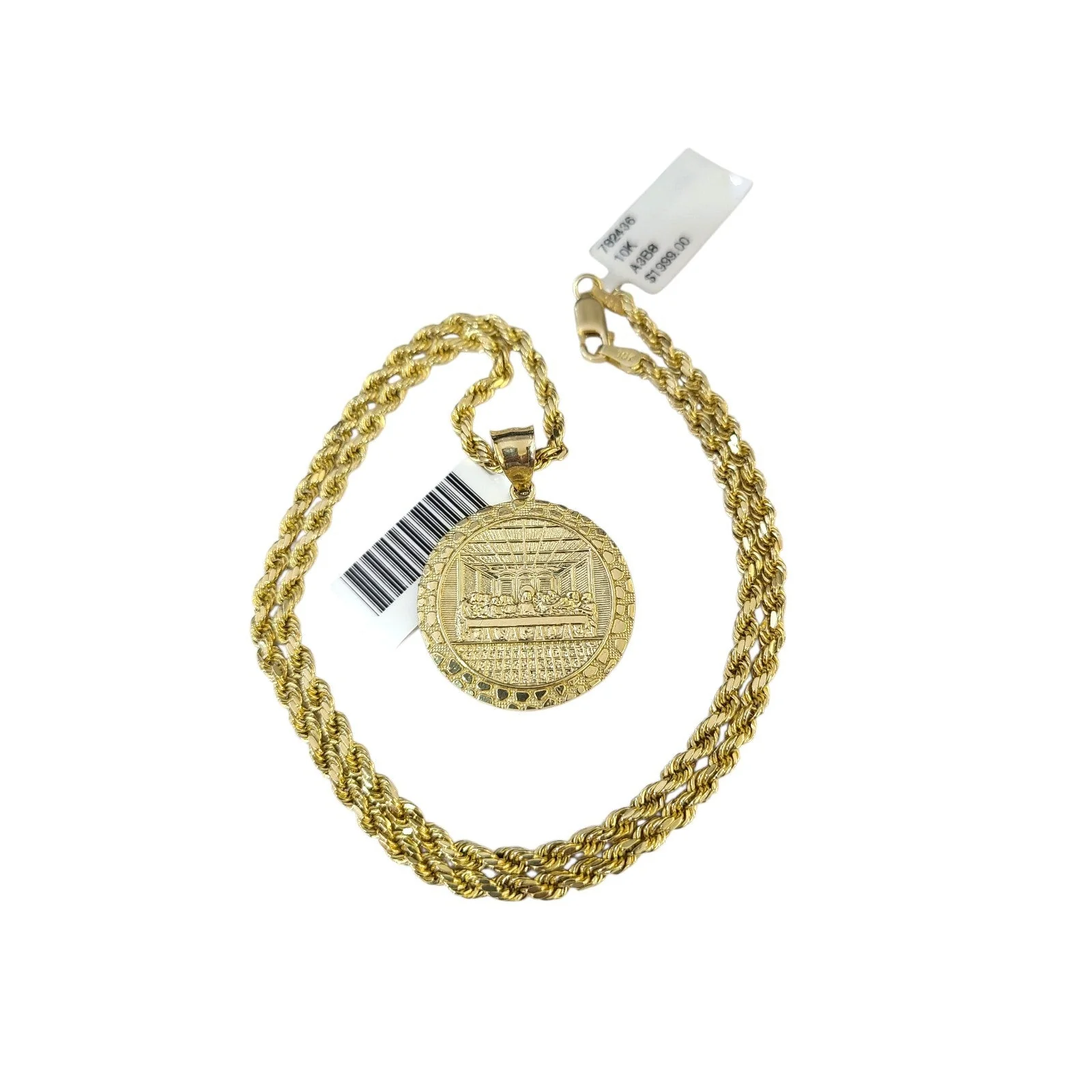 10k Rope Chain Nugget Last Supper Charm Necklace Pendant Set 2mm 18"-24" Gold - Image 5