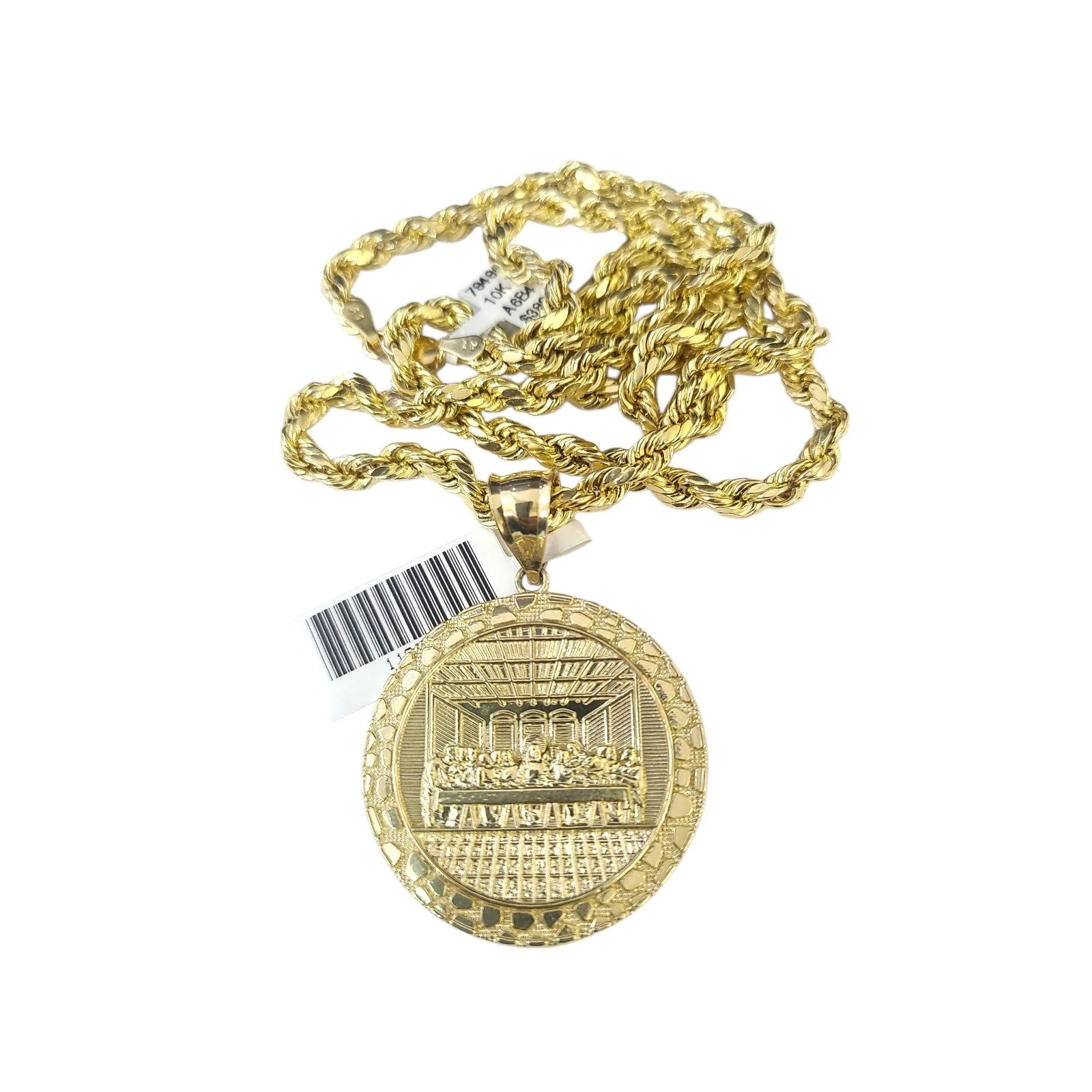 10k Rope Chain Nugget Last Supper Charm Necklace Pendant Set 4mm 20"-30" Gold - Image 2