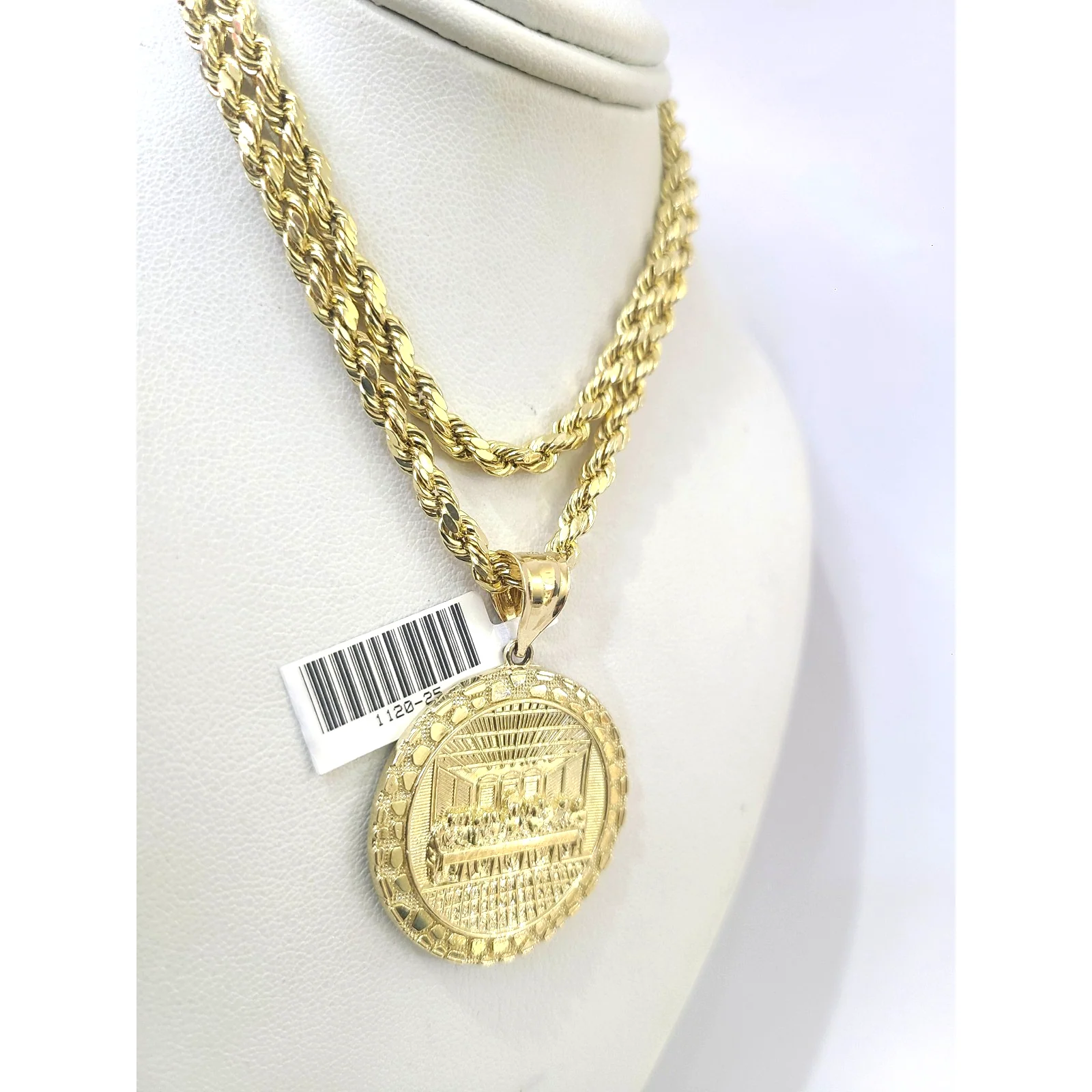 10k Rope Chain Nugget Last Supper Charm Necklace Pendant Set 4mm 20"-30" Gold - Image 3