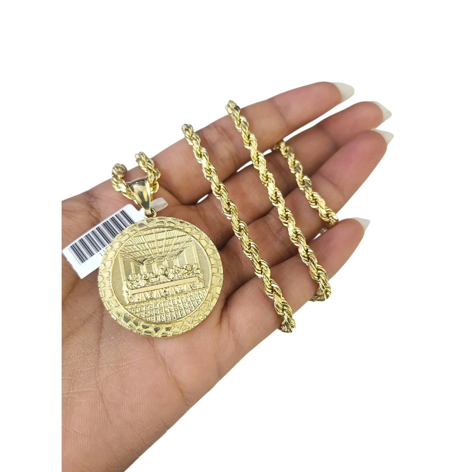 10k Rope Chain Nugget Last Supper Charm Necklace Pendant Set 4mm 20"-30" Gold - Image 4