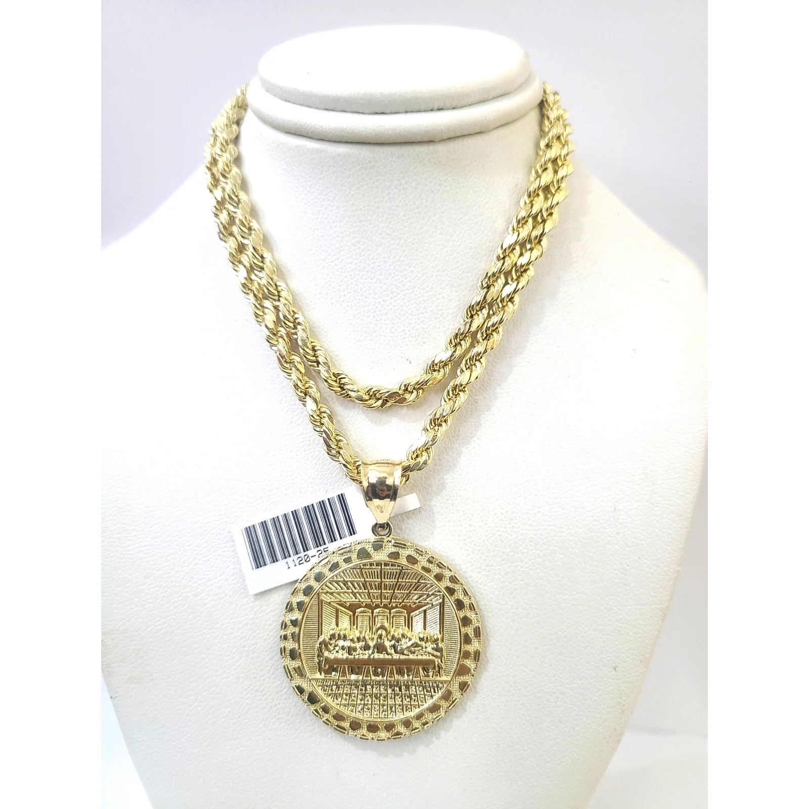10k Rope Chain Nugget Last Supper Charm Necklace Pendant Set 4mm 20"-30" Gold - Image 5