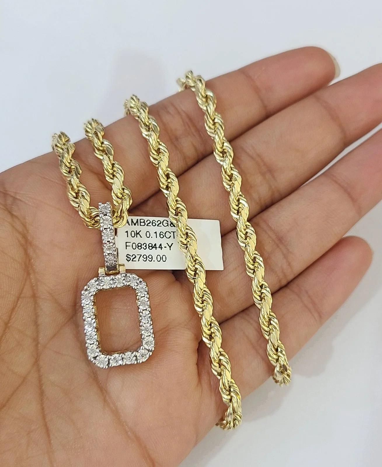 10k Rope Chain O Diamond Initial Charm Necklace Pendant Set 4mm 20"-30" Gold - Image 4