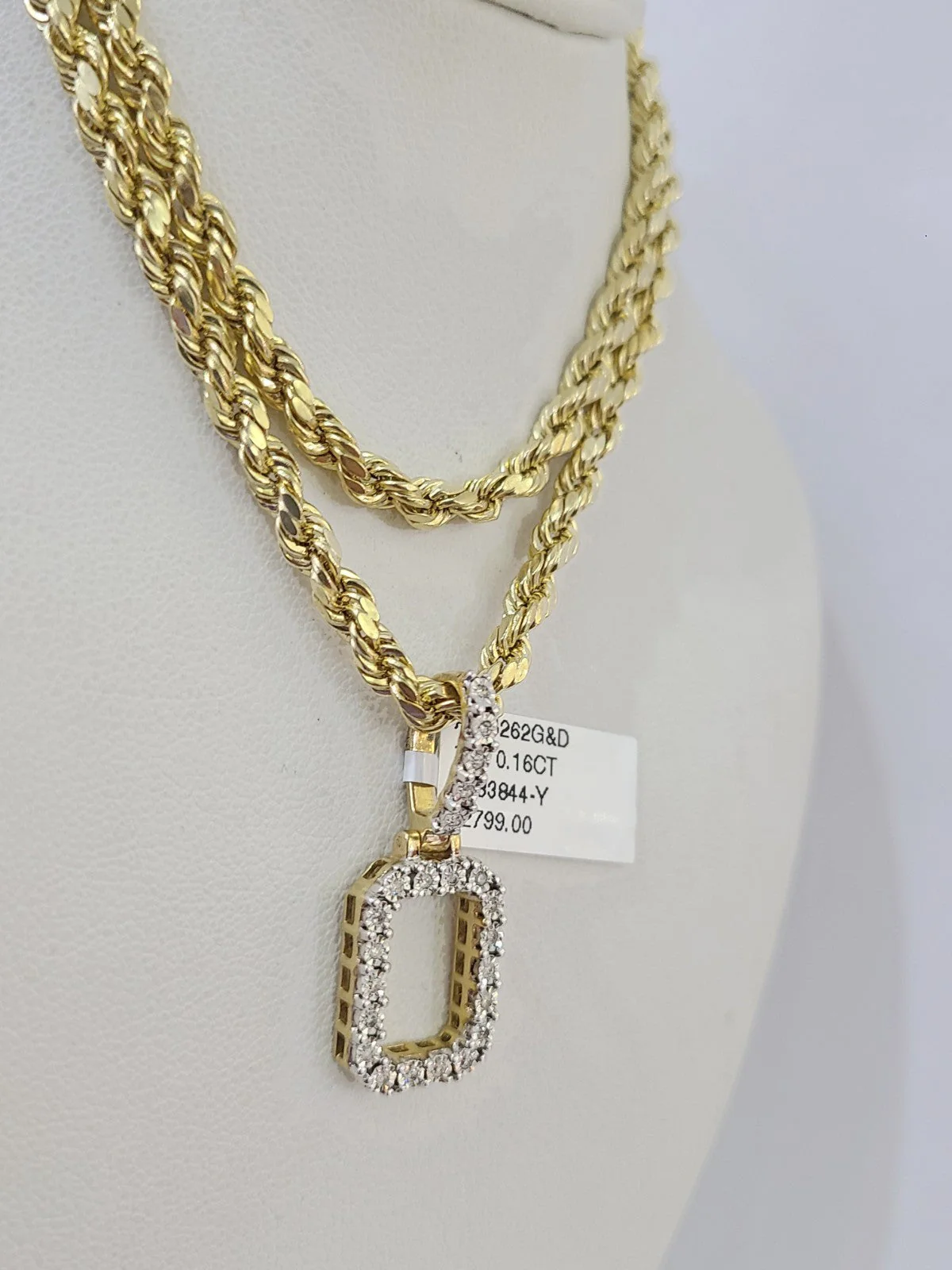 10k Rope Chain O Diamond Initial Charm Necklace Pendant Set 4mm 20"-30" Gold - Image 6