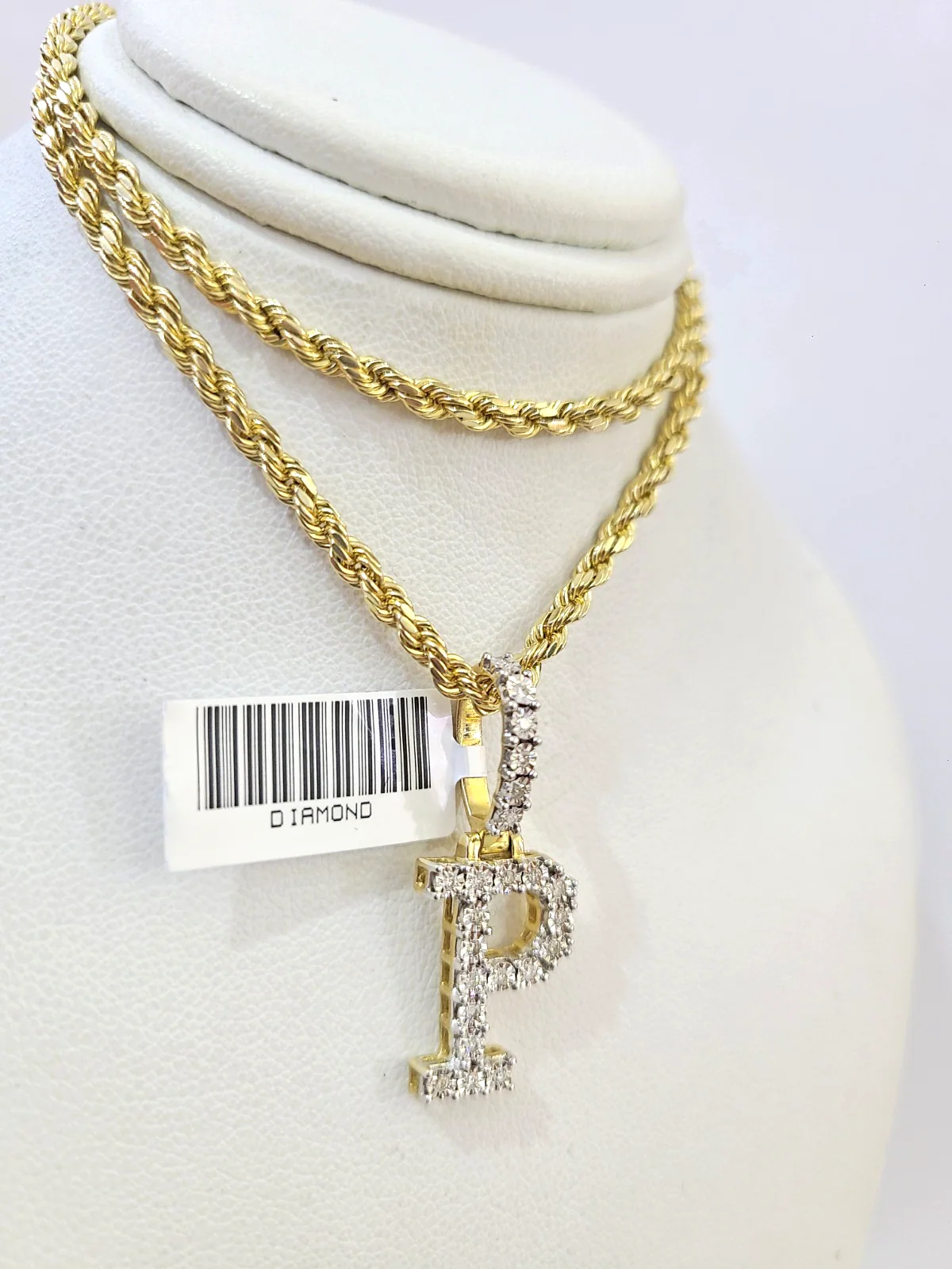 10k Rope Chain P Diamond Initial Charm Necklace Pendant Set 2mm 18"-24" Gold - Image 5