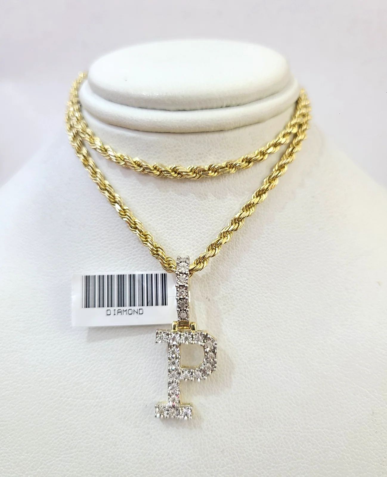 10k Rope Chain P Diamond Initial Charm Necklace Pendant Set 2mm 18"-24" Gold - Image 7